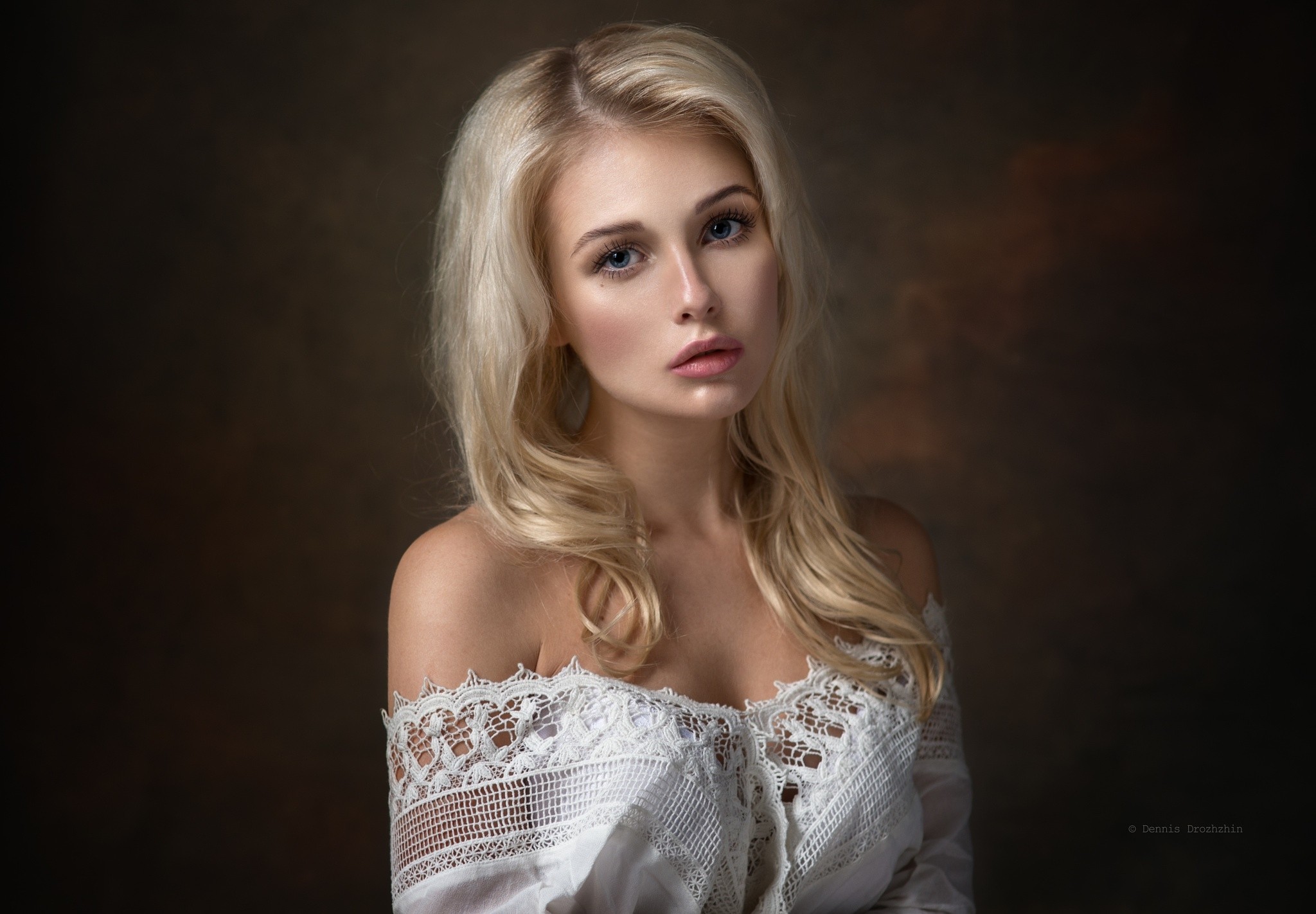 People 2048x1422 women blonde portrait face Dennis Drozhzhin model Christina bare shoulders gray eyes no bra cleavage lace top white tops studio women indoors indoors makeup dyed hair looking at viewer