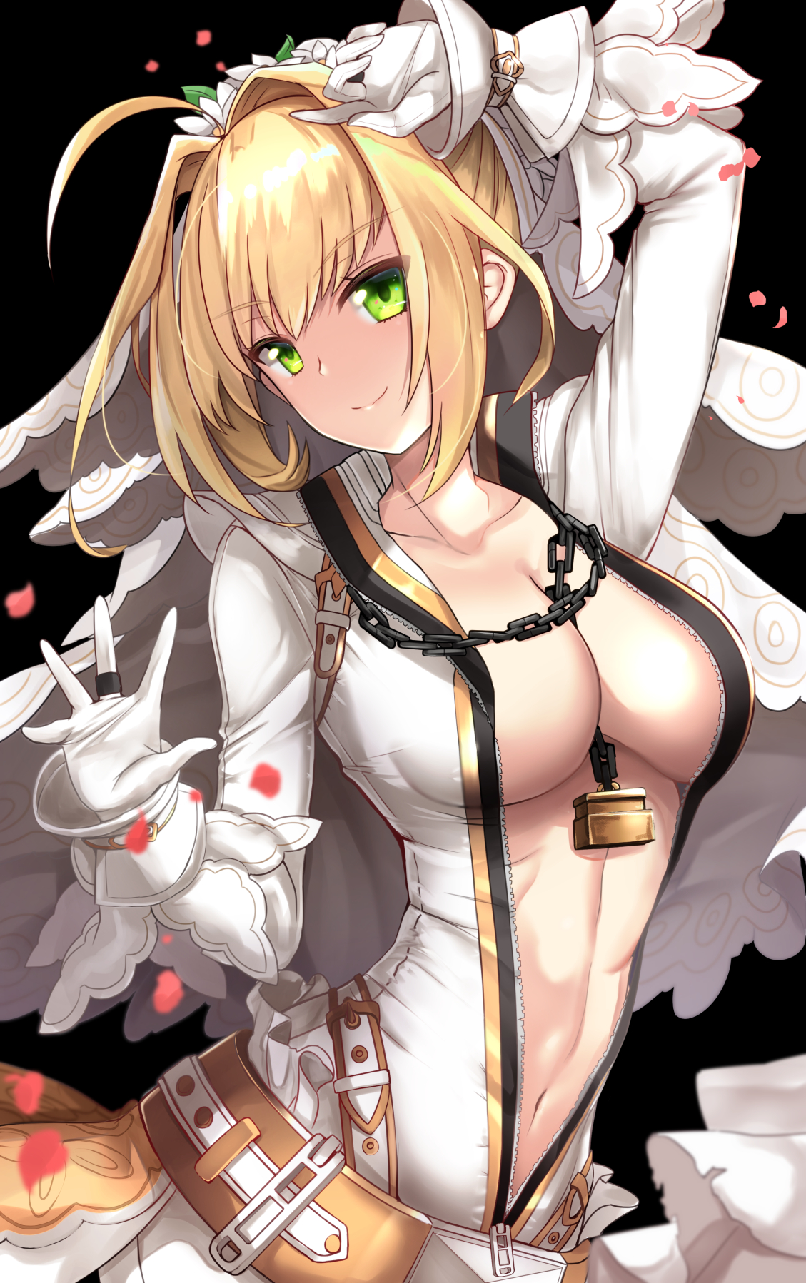 Anime 1129x1798 cleavage Fate/Grand Order no bra open shirt Saber Bride blonde gloves green eyes Nero Claudius Fate series anime girls