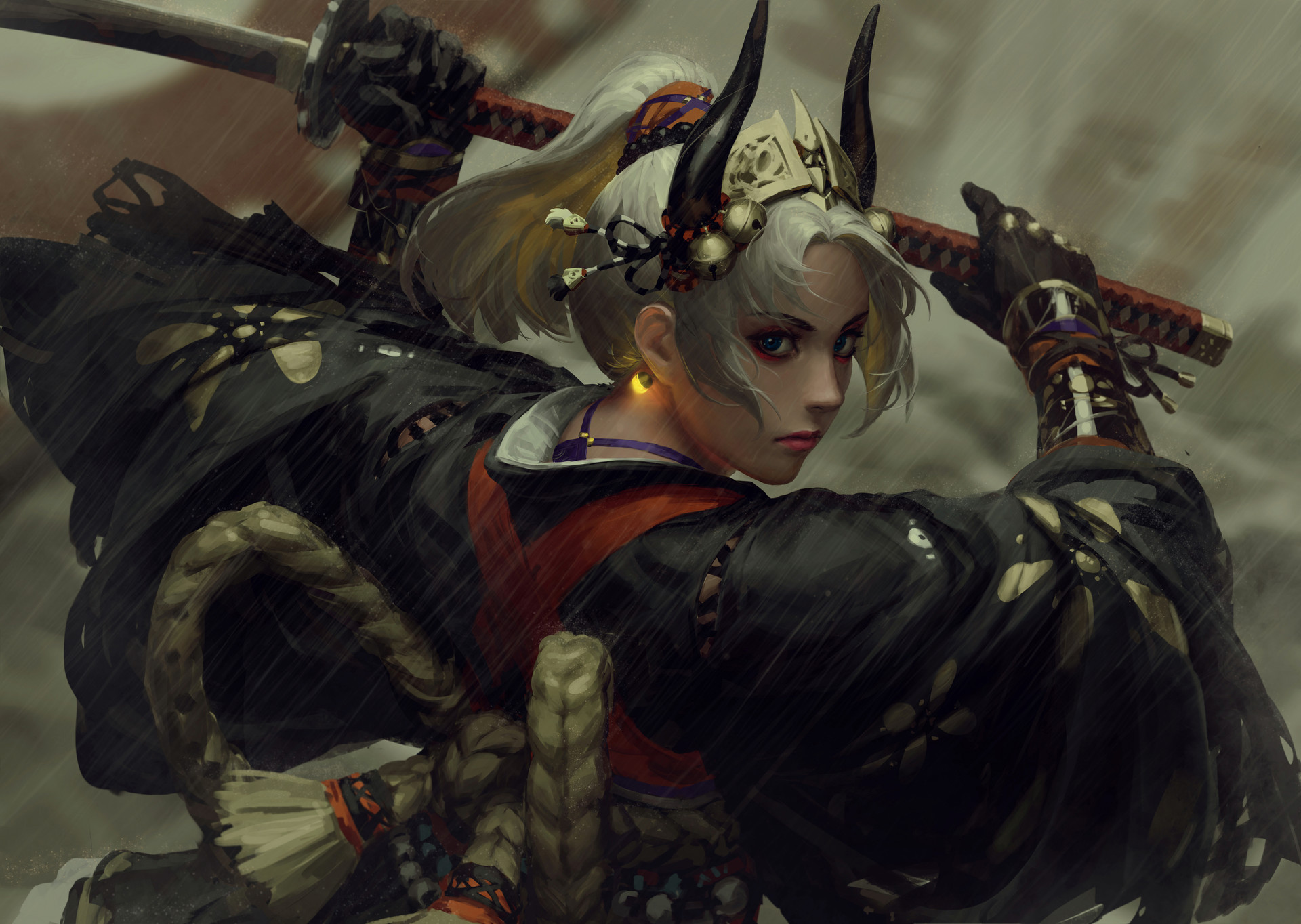 General 1920x1364 samurai katana mantle white hair rain women artwork GUWEIZ