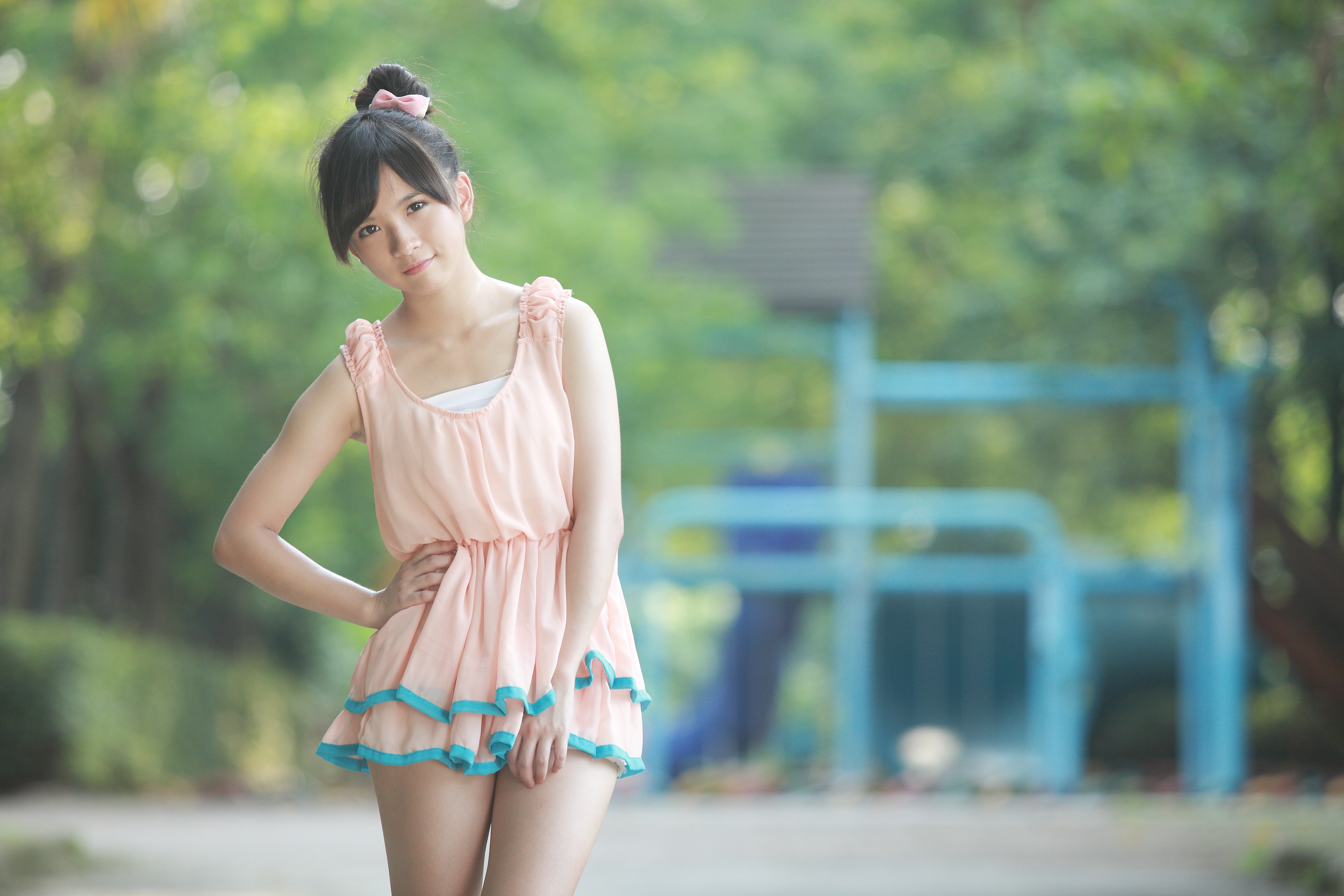 People 5616x3744 women xiaojing Asian brunette minidress hands on hips looking at viewer hairbun pink dress