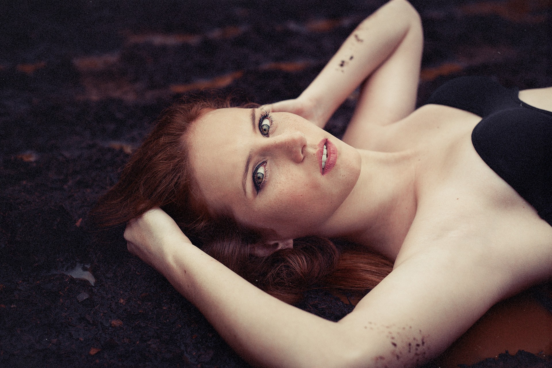People 1920x1280 women redhead strapless bras bra looking at viewer red lipstick lying on back women outdoors freckles armpits mud black bras black underwear underwear face closeup dyed hair parted lips model
