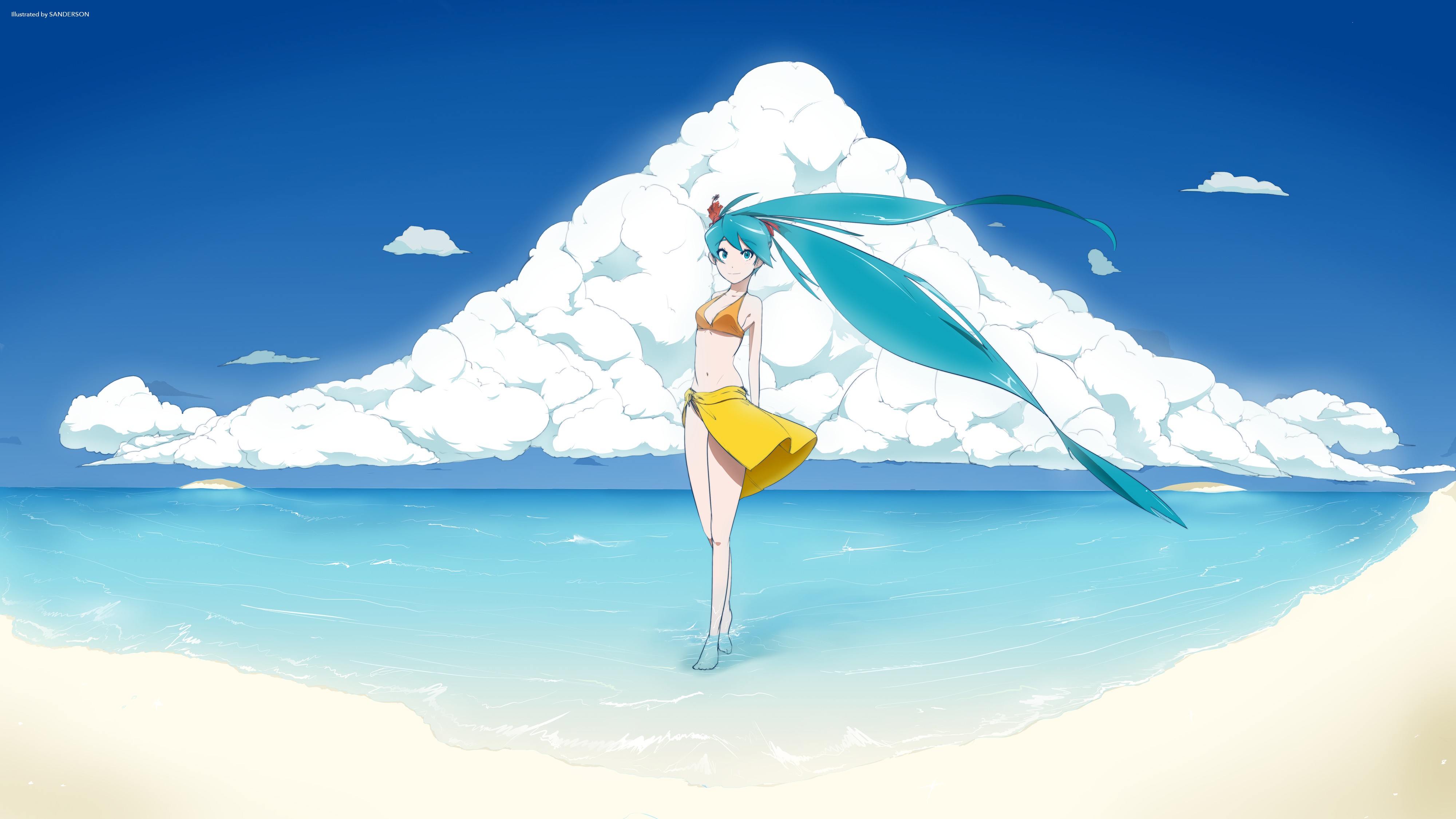 Anime 4000x2250 anime anime girls Vocaloid Hatsune Miku bikini cleavage long hair cyan hair aqua eyes sea water beach clouds sky