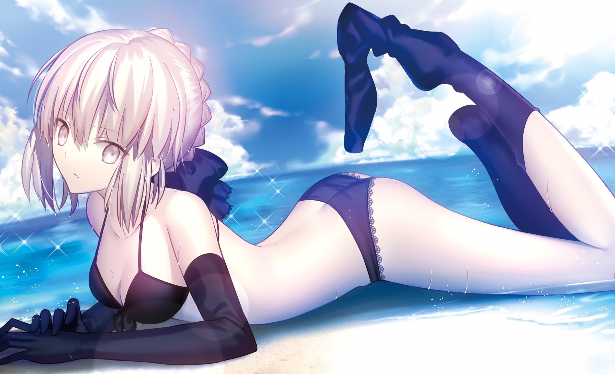 Anime 2048x1244 anime anime girls Saber Alter ass cleavage wet beach blonde elbow gloves Fate series Fate/Stay Night gloves thigh-highs yellow eyes sky clouds lying on front missing sock bikini Shinooji Artoria Pendragon