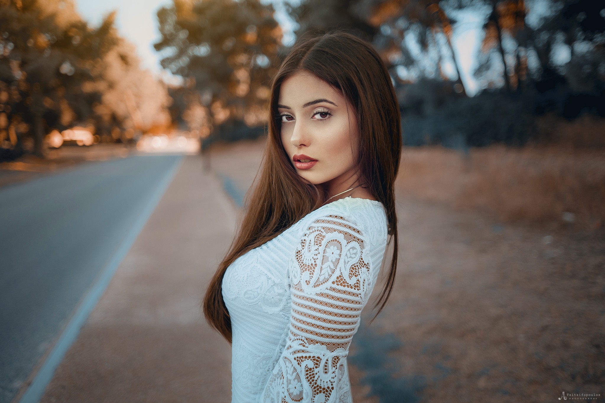 People 2048x1363 women women outdoors portrait white clothing face brown eyes depth of field lace Angelos Tzitzifopoulos outdoors makeup looking at viewer brunette long hair standing model