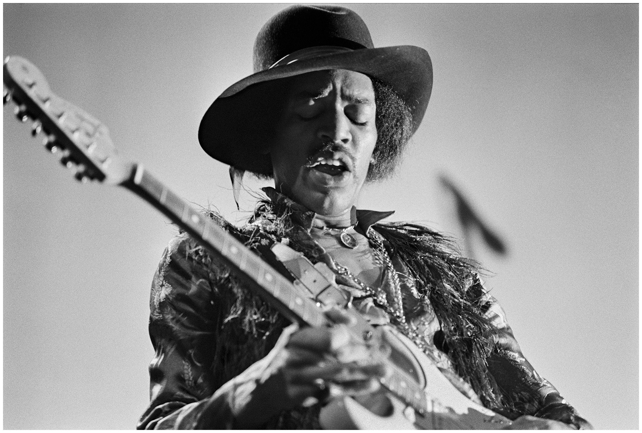 People 2109x1421 men musician Jimi Hendrix monochrome guitarist simple background guitar playing hat music