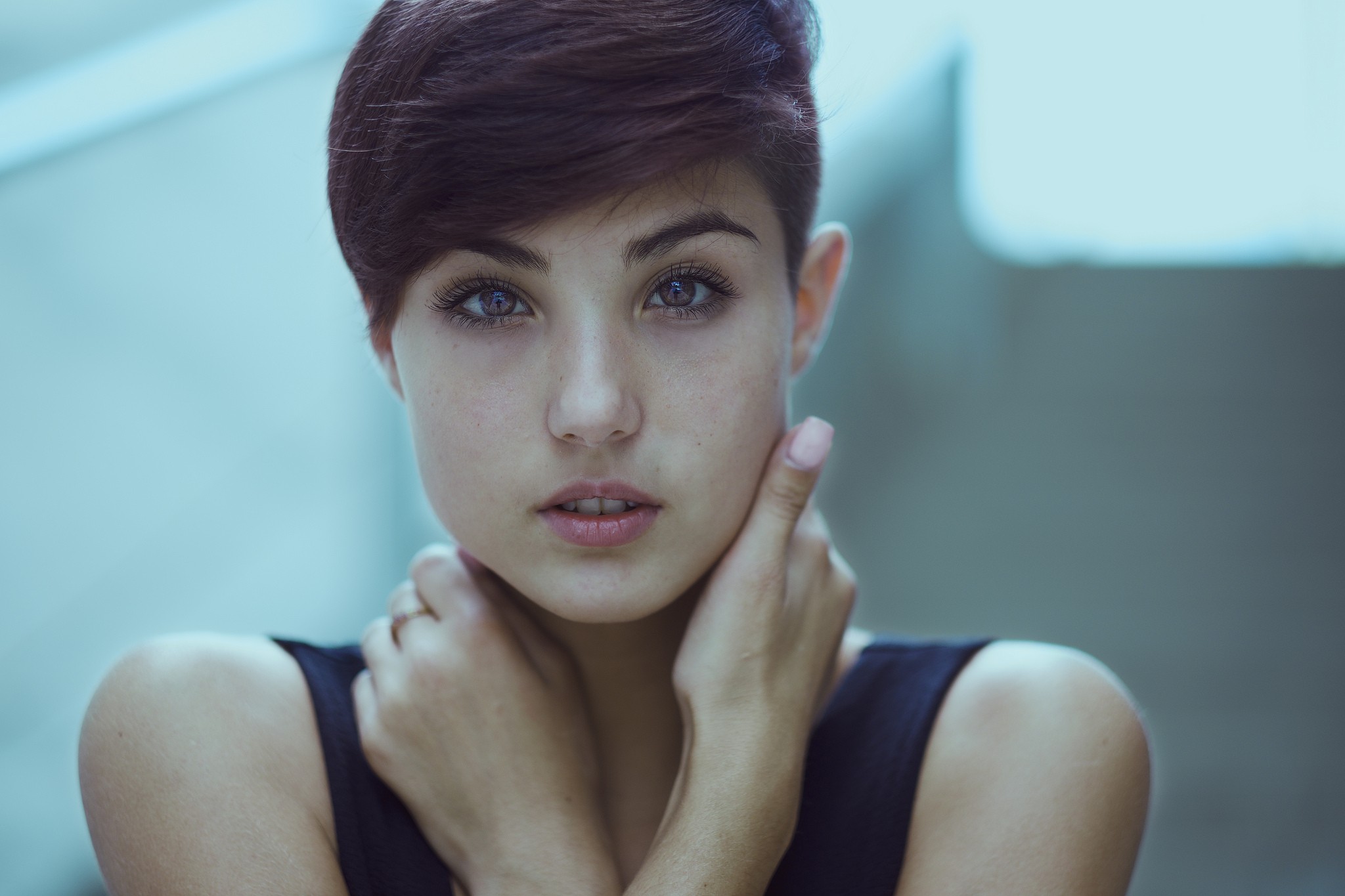 People 2048x1365 Michele Maglio short hair Giorgia Soleri closeup looking at viewer black clothing face women model