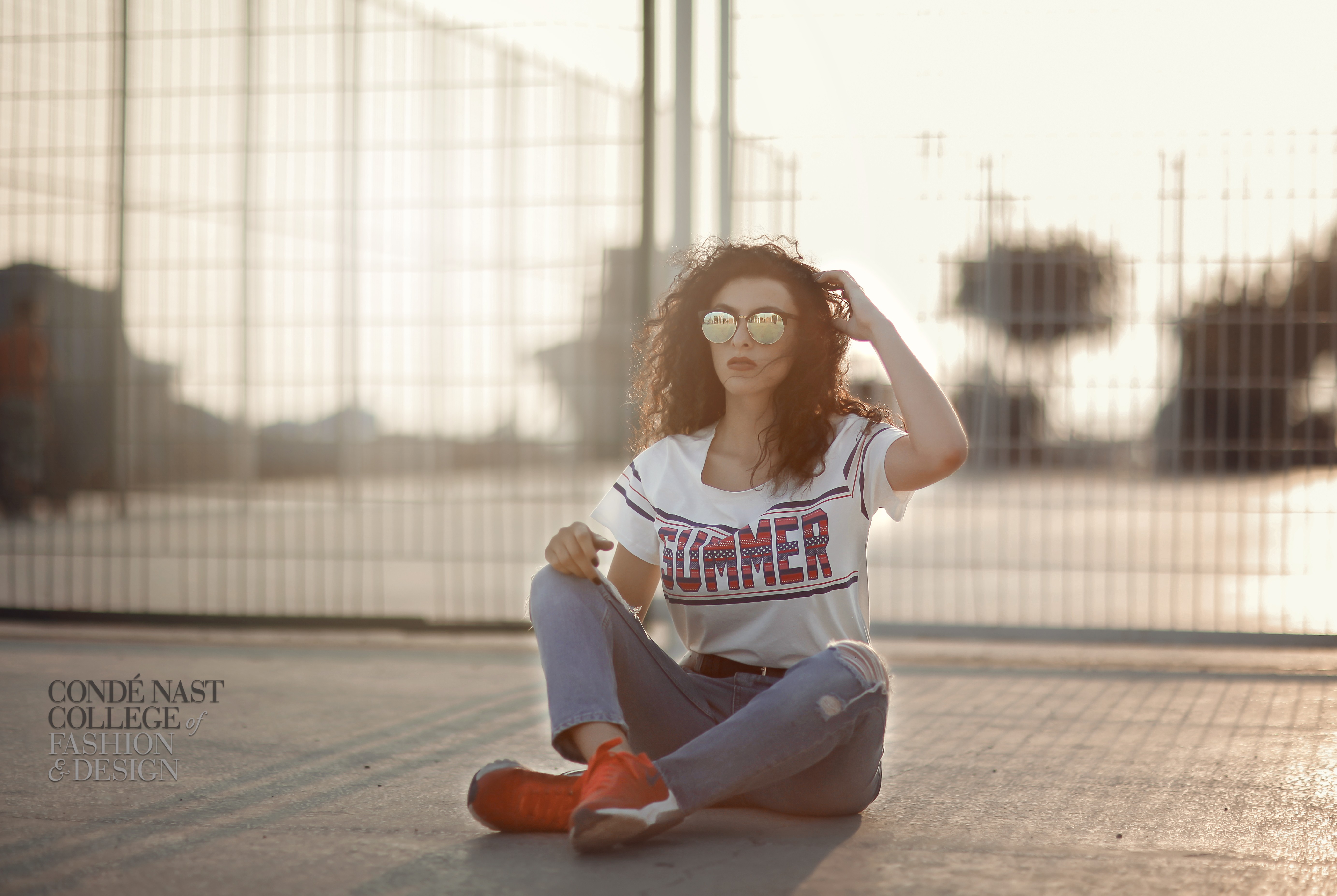People 5532x3708 portrait women sunglasses T-shirt white tops women outdoors urban white t-shirt red shoes sitting fence torn jeans model women with shades long hair brunette red lipstick