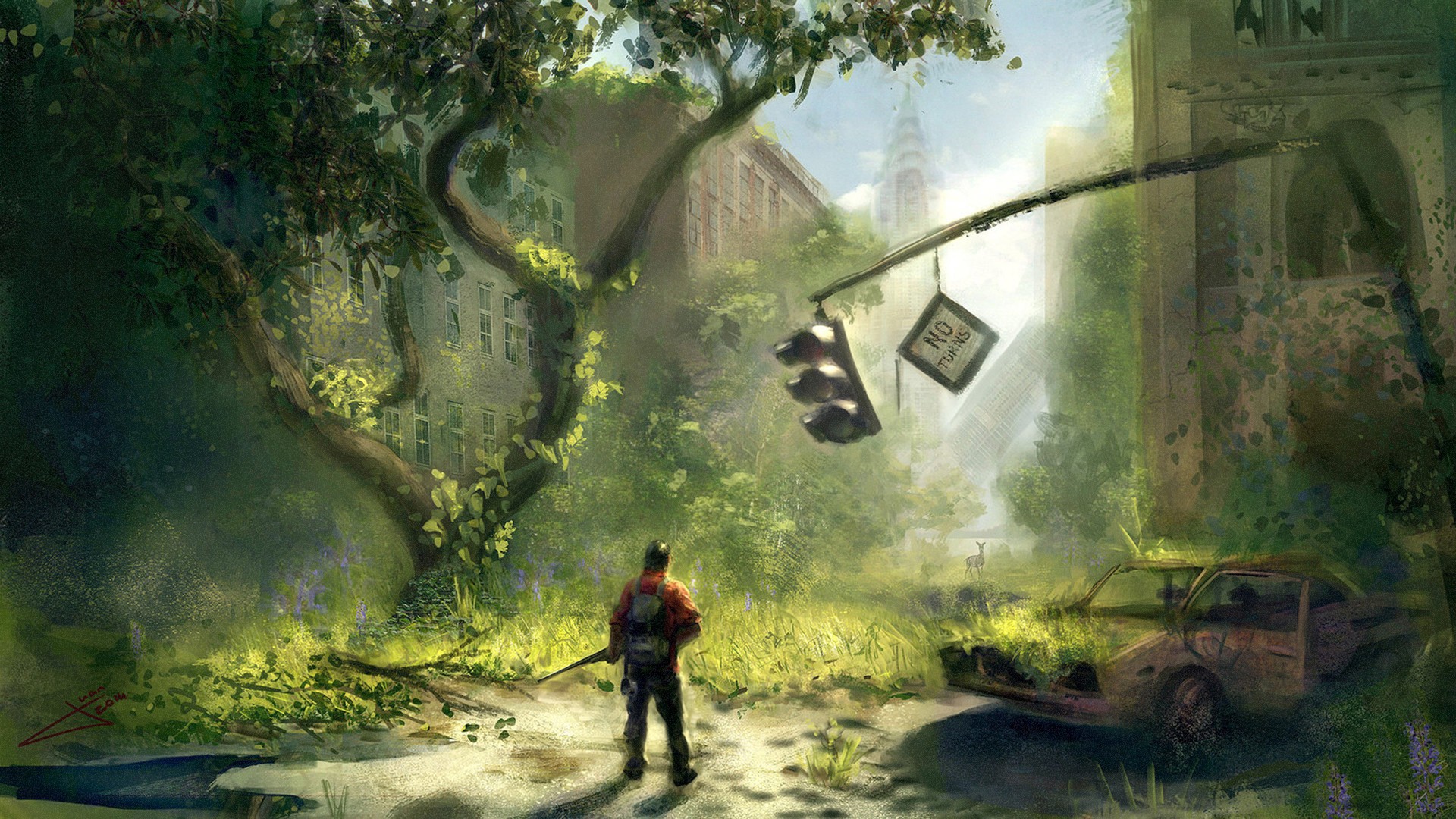 General 1920x1080 artwork apocalyptic The Last of Us video games video game art fan art car wreck traffic lights trees weapon ruins watermarked 2014 (Year)