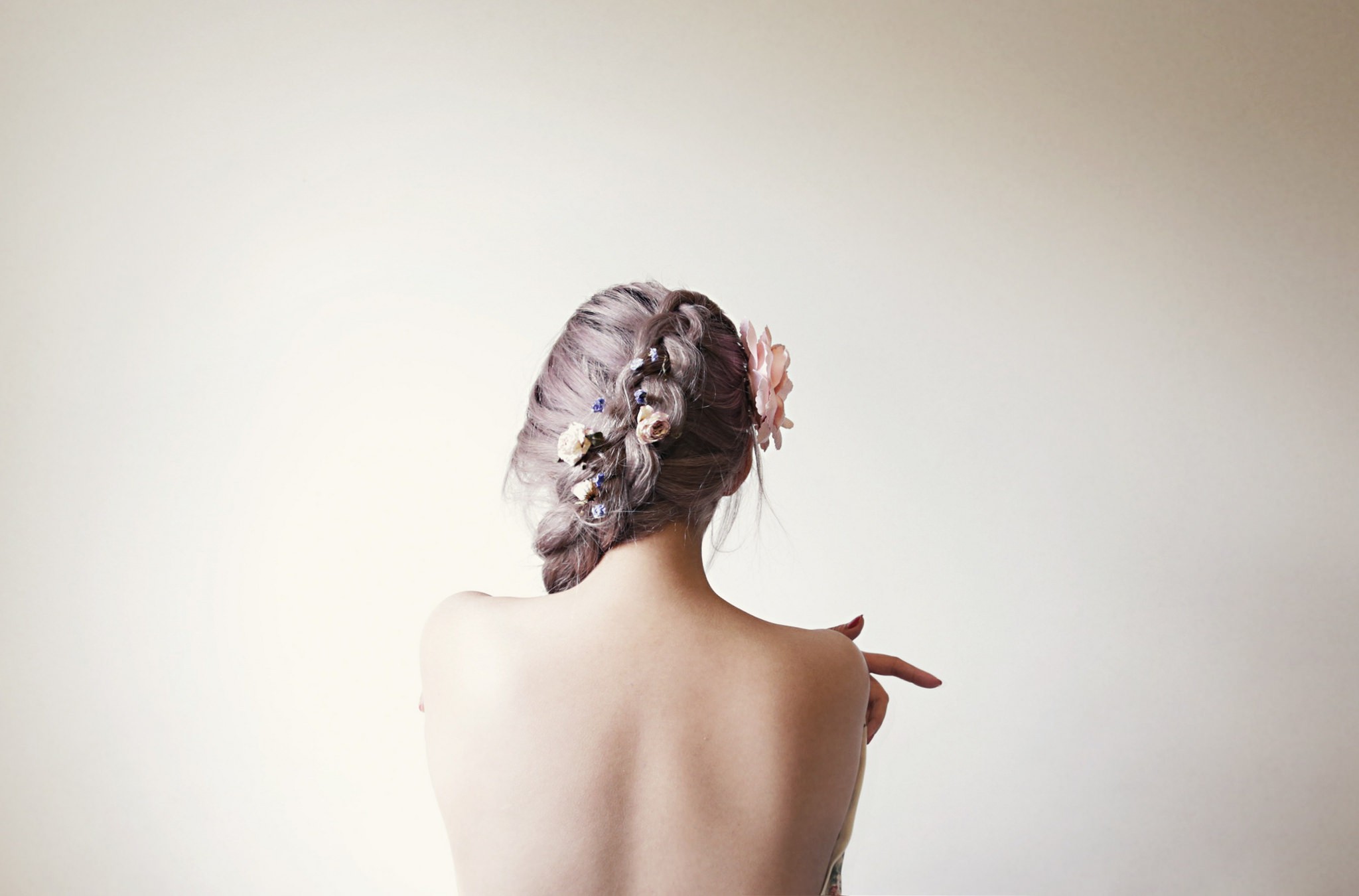 People 2048x1350 women brunette back bare shoulders braids flower in hair bareback simple background