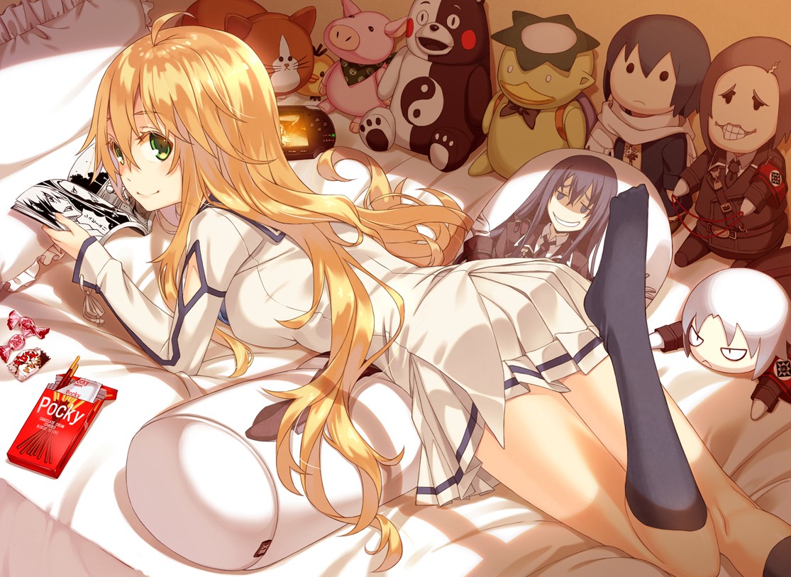 Anime 1115x813 Dies Irae bed school uniform blonde lying on front feet in the air