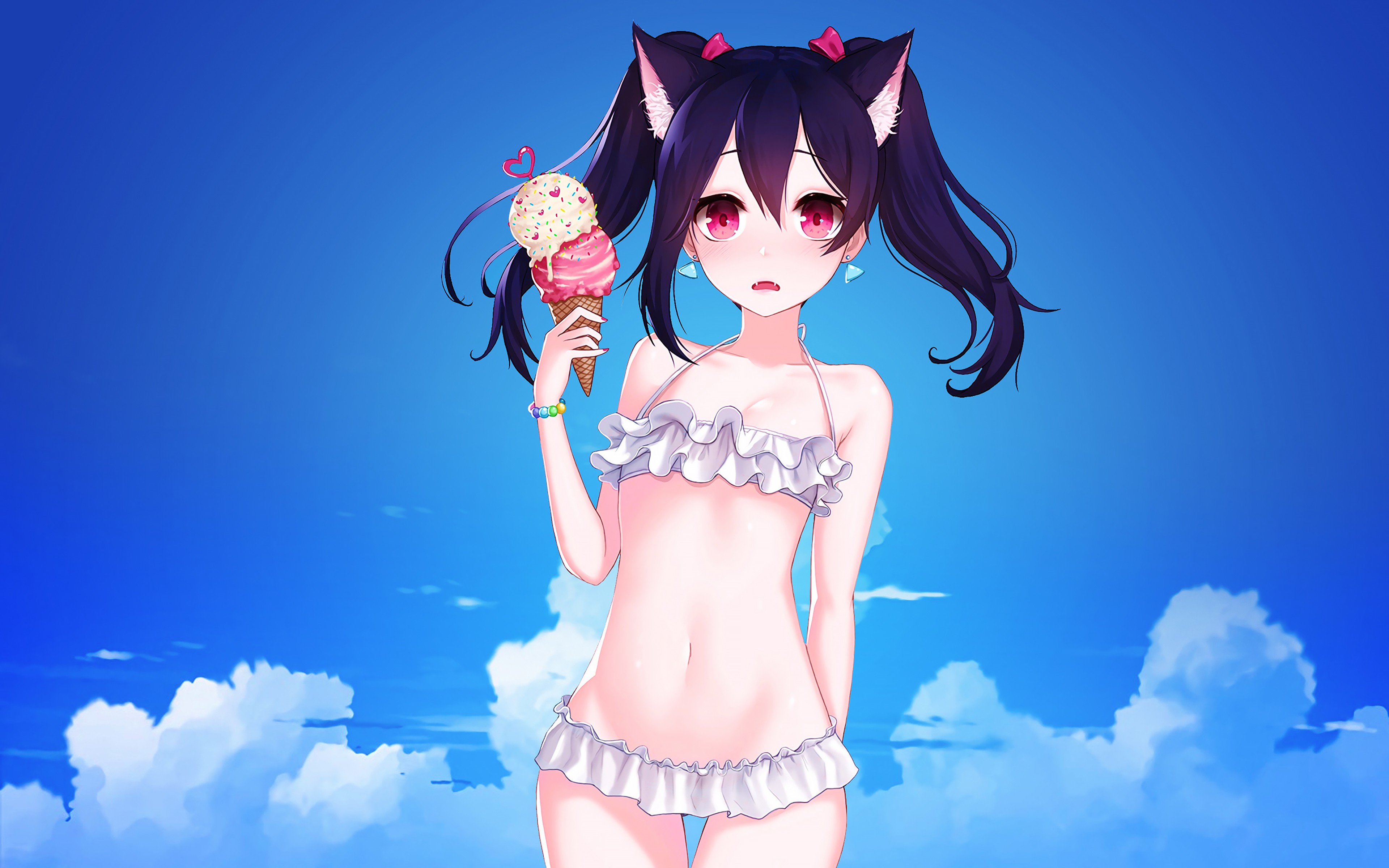 Anime 3840x2400 anime anime girls ice cream loli Yazawa Nico Love Live! bikini small boobs animal ears twintails dark hair pink eyes food sweets belly red nails DeviantArt sky open mouth