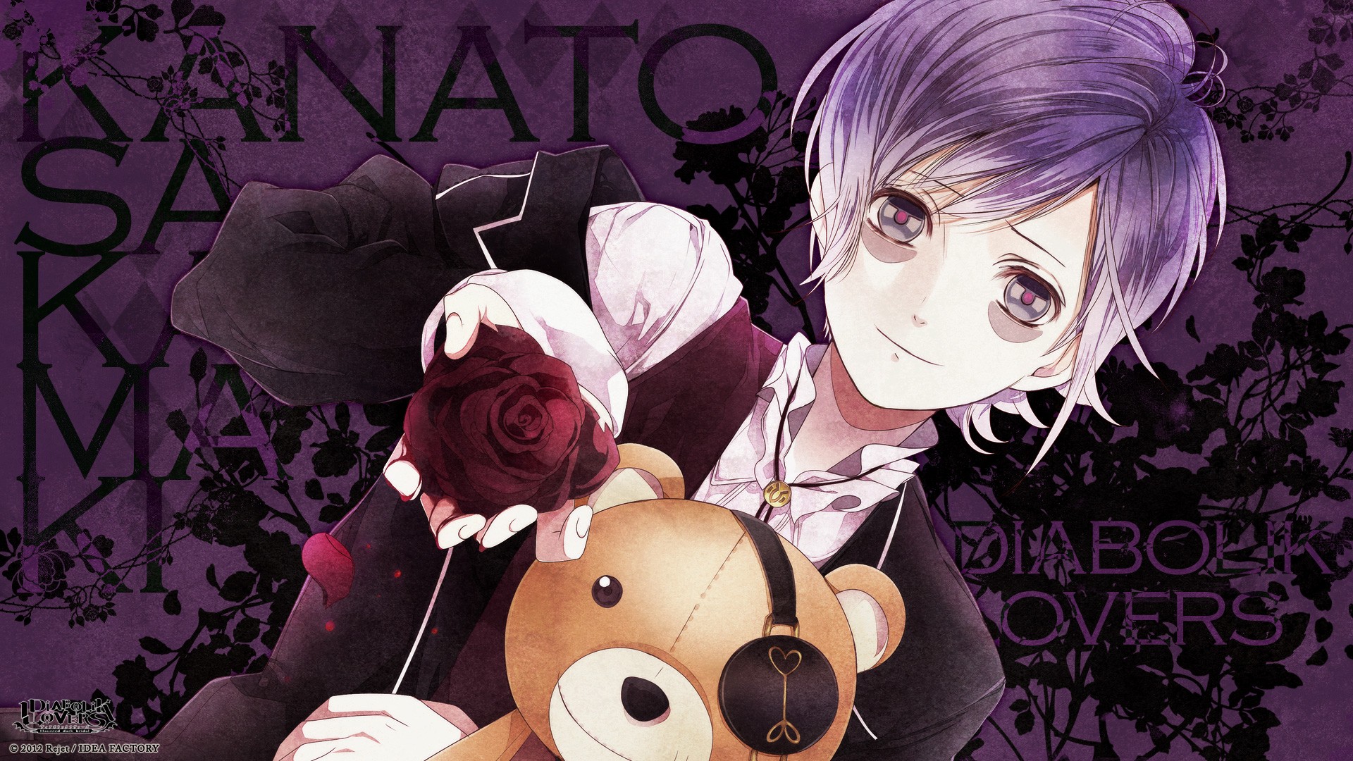 Anime 1920x1080 Diabolik Lovers 2012 (Year) rose eyepatches teddy bears anime plush toy watermarked flowers looking at viewer purple background
