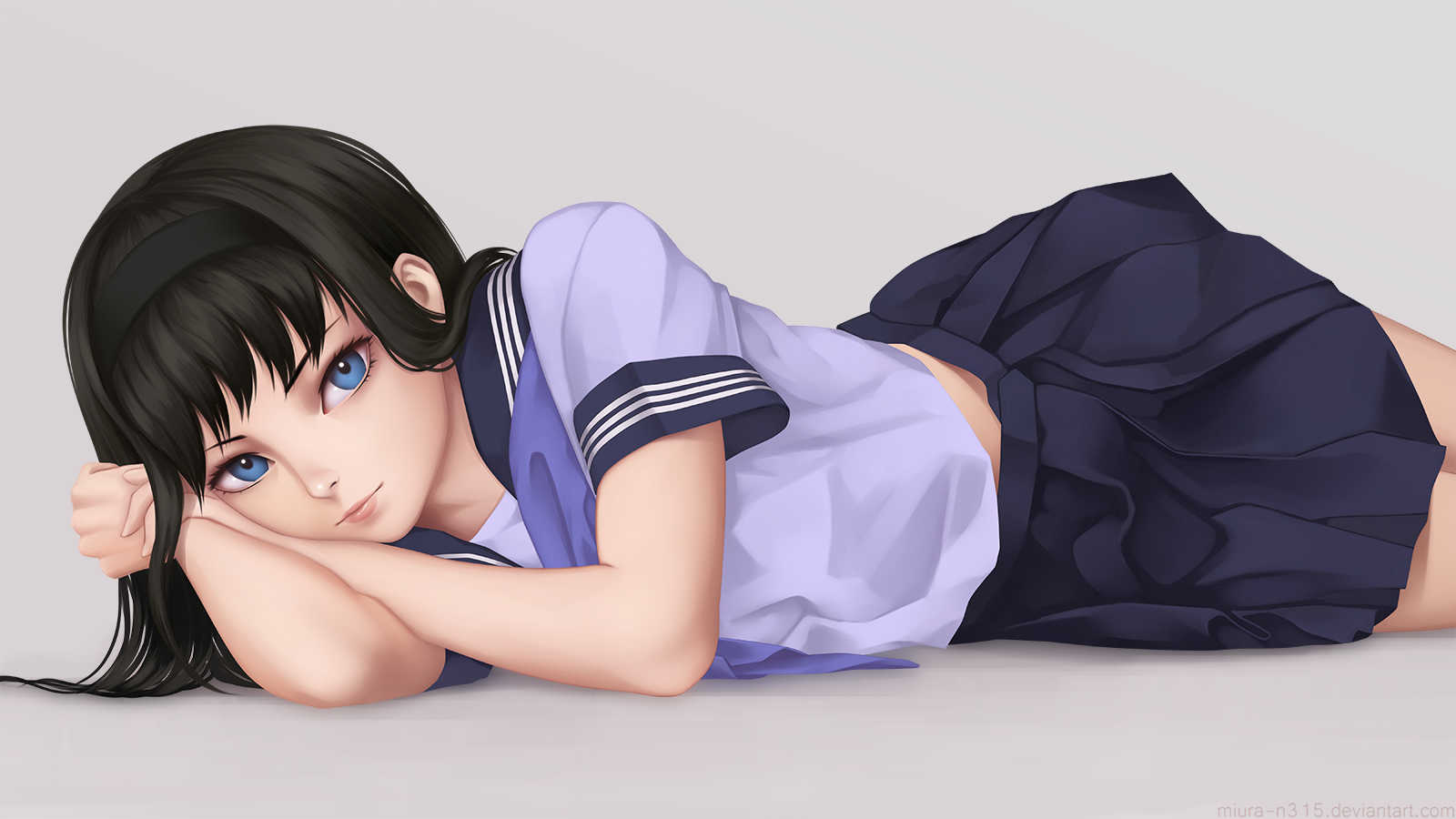 Anime 1600x900 anime anime girls skirt long hair black hair blue eyes lying on side