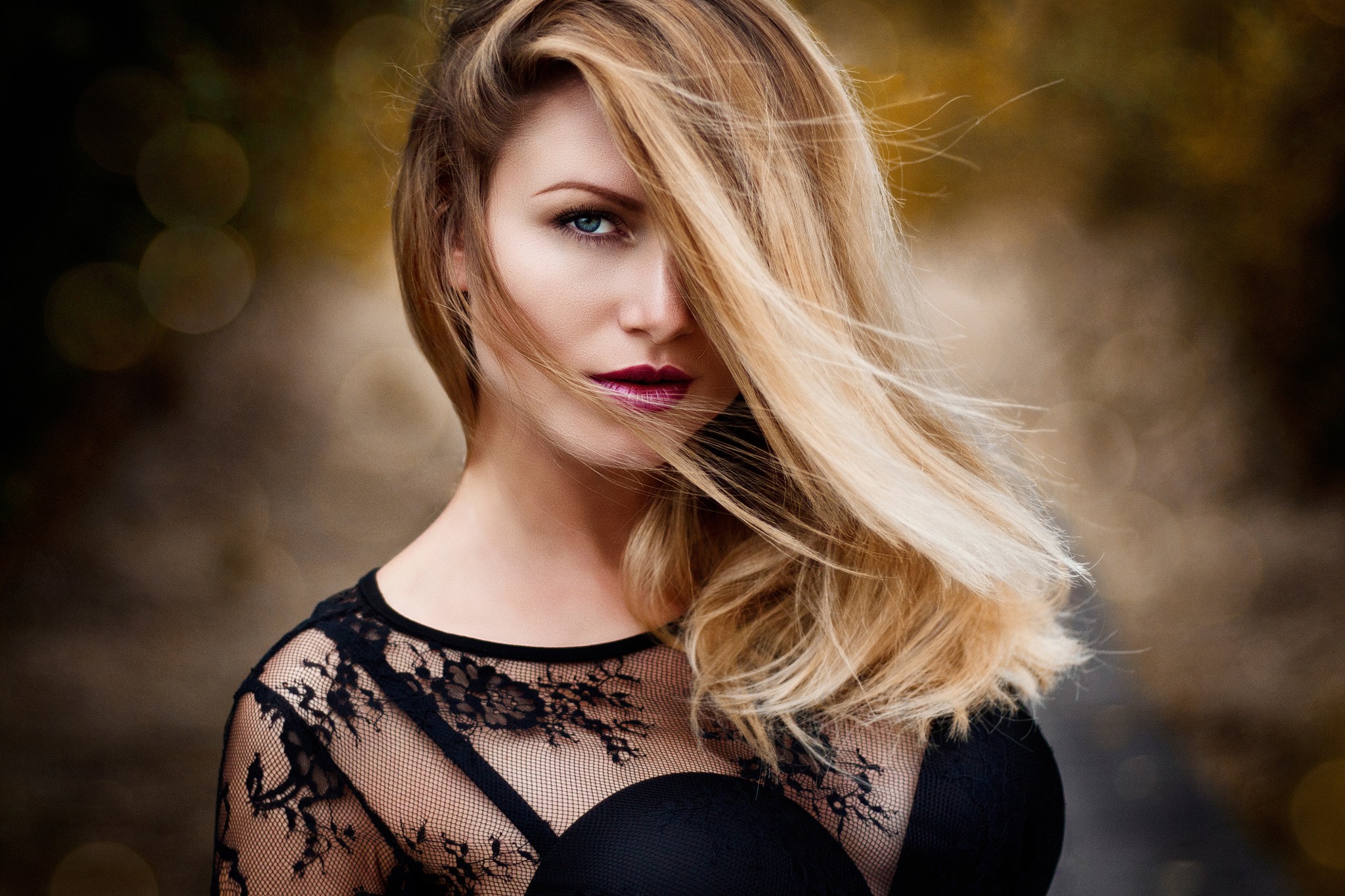 People 2048x1365 women blonde face portrait hair in face lace black clothing blue eyes red lipstick see-through clothing looking at viewer model makeup lipstick women outdoors outdoors dyed hair Melanie Dietze