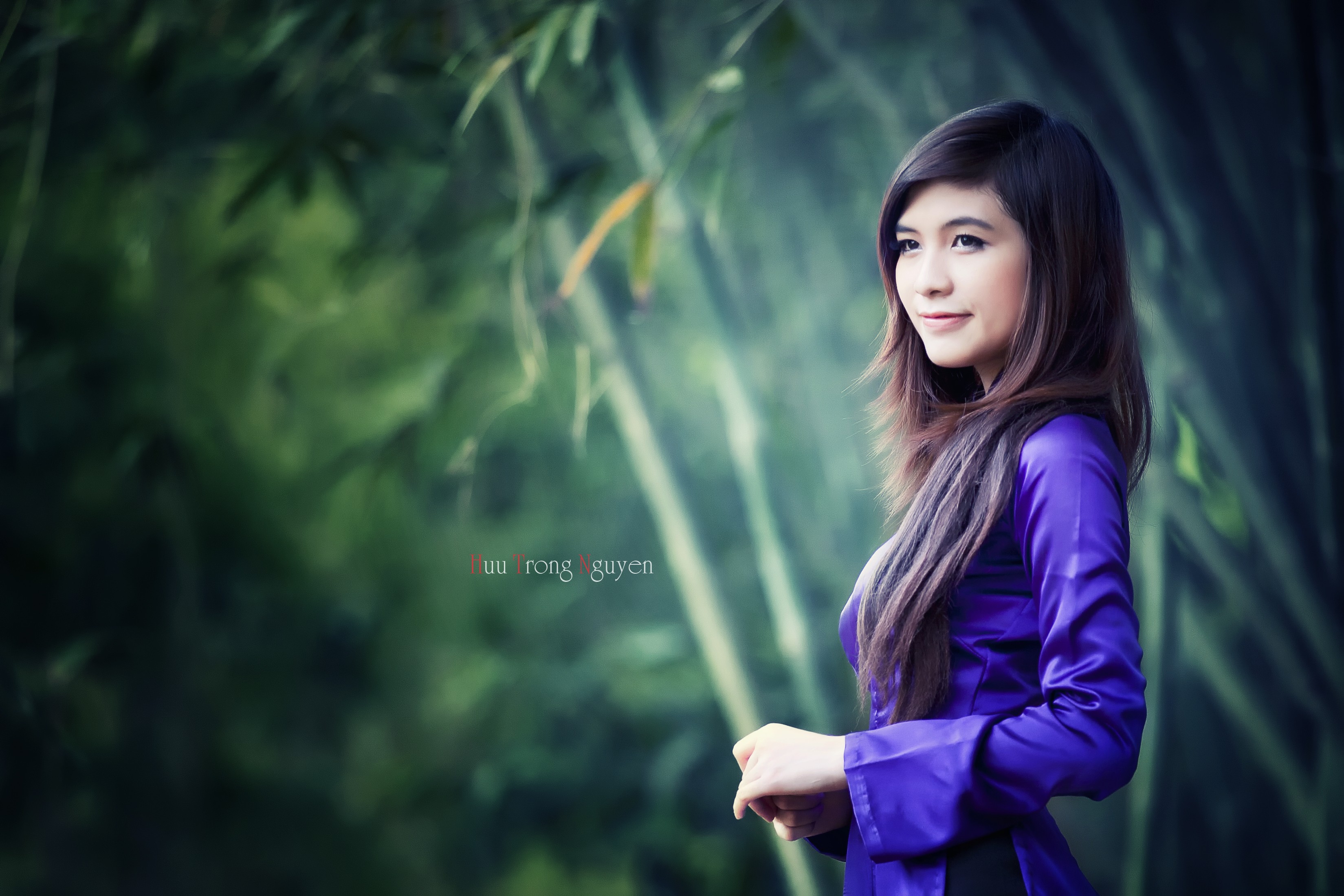 People 3299x2199 women Asian brunette Huu Trong Nguyen smiling long hair women outdoors dark hair outdoors model purple dress dress purple clothing