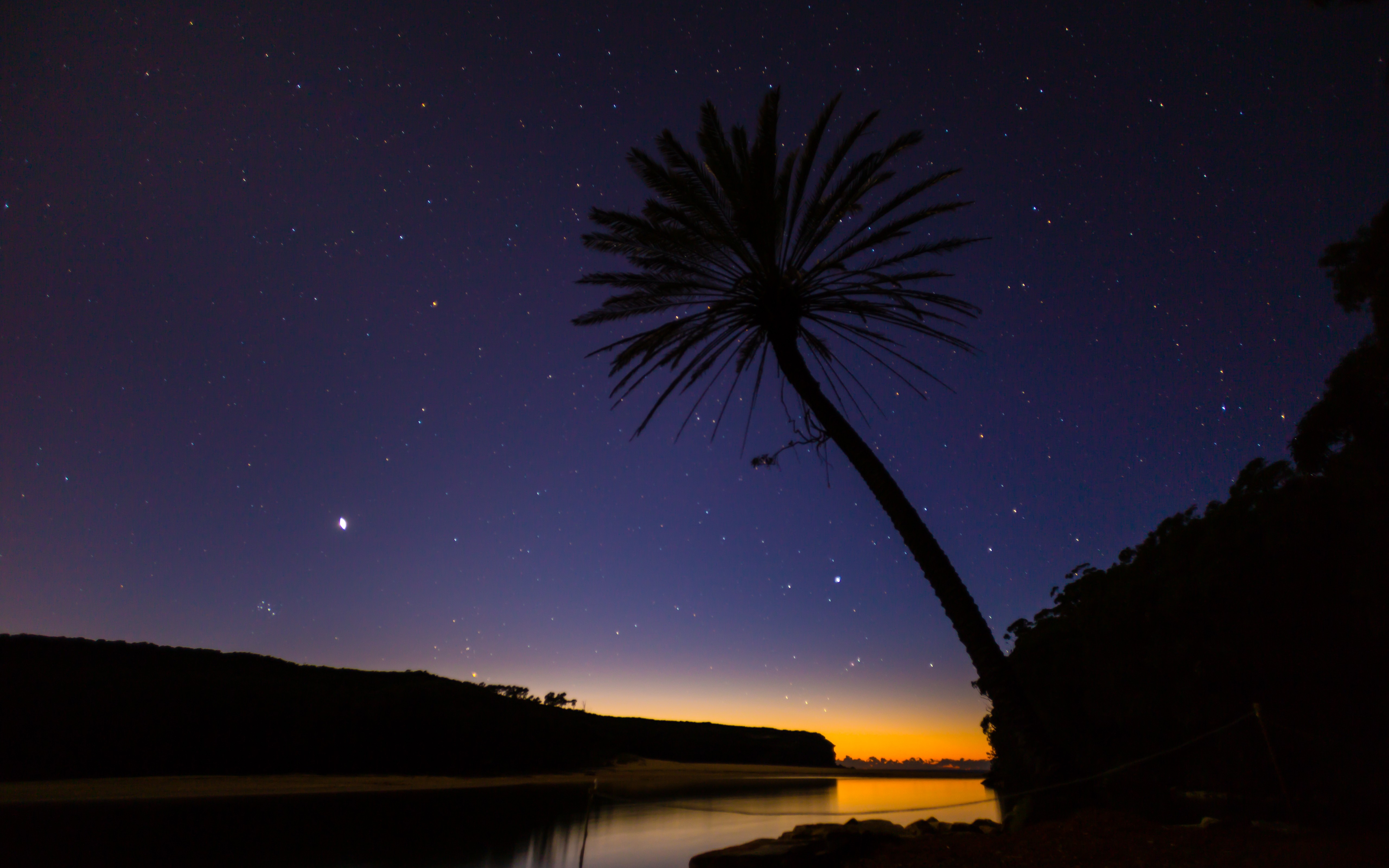General 5120x3200 landscape trees river stars night palm trees starred sky sky low light
