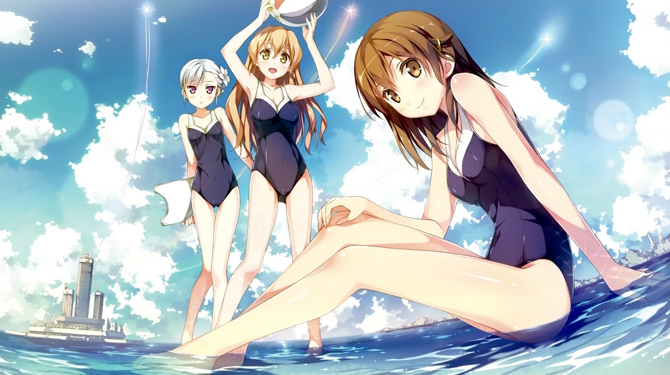 Anime 2140x1200 anime anime girls Rinne no Lagrange Fin E Ld Si Laffinty Kyouno Madoka ball blonde blue hair brunette building clouds long hair short hair sky water women trio women one-piece swimsuit swimwear smiling sitting standing arms up looking at viewer