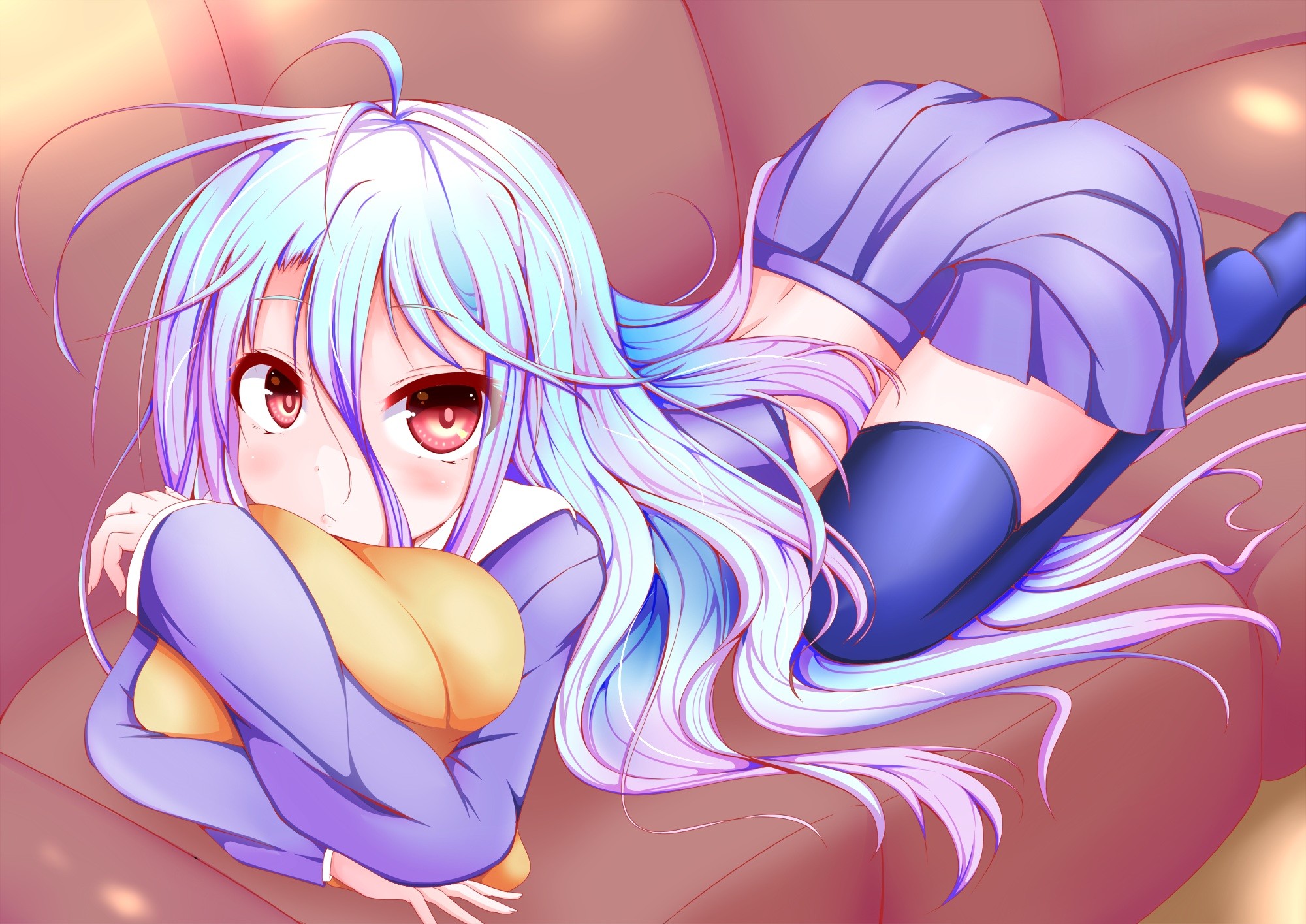 Anime 2000x1415 anime anime girls long hair No Game No Life Shiro (No Game No Life) loli Pixiv stockings blue stockings hair in face women indoors red eyes cyan hair looking at viewer skirt purple skirt couch pillow