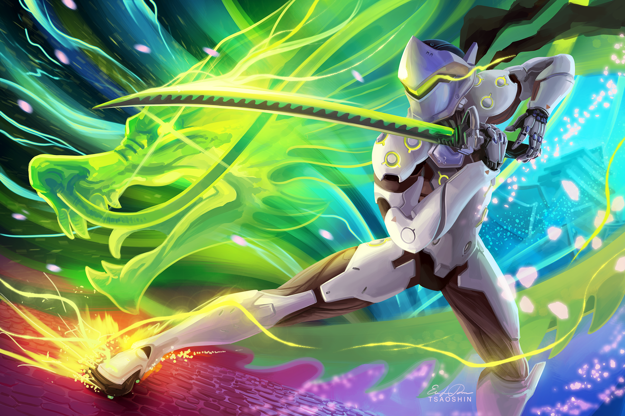 General 2000x1333 Overwatch Genji (Overwatch) sword colorful dragon video game art video game characters PC gaming weapon watermarked Chinese dragon digital art