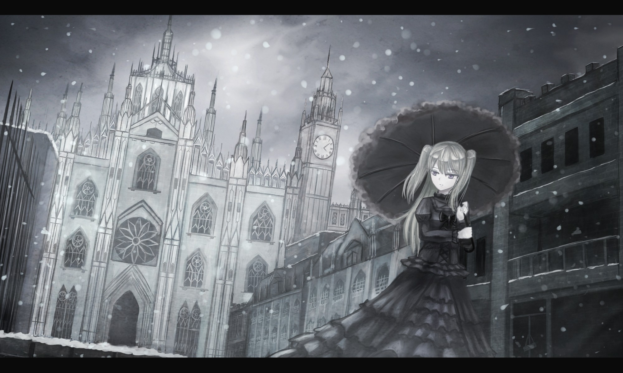 Anime 2000x1200 anime anime girls long hair snow gothic cathedral umbrella women with umbrella dress women outdoors building looking away clocks facade