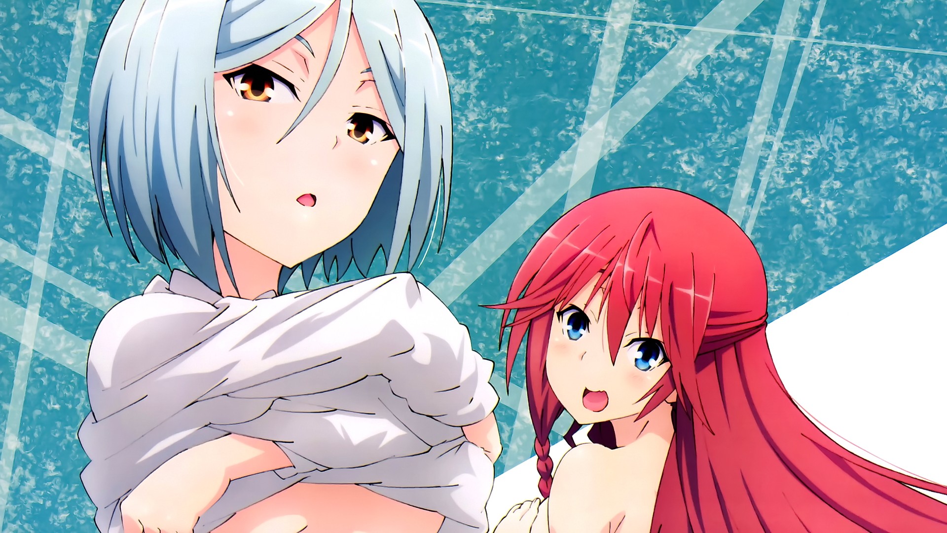 Anime 1920x1080 anime anime girls long hair redhead white hair yellow eyes open mouth looking away Trinity Seven Kannazuki Arin Asami Lilith two women undressing hair in face looking at viewer aqua eyes