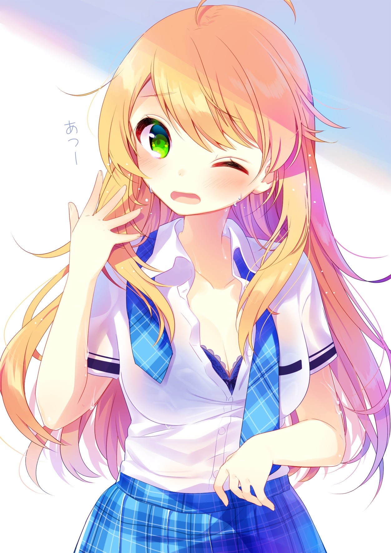 Anime 1253x1770 anime anime girls THE iDOLM@STER Hoshii Miki bra cleavage long hair blonde green eyes Pixiv one eye closed tie skirt embarrassed