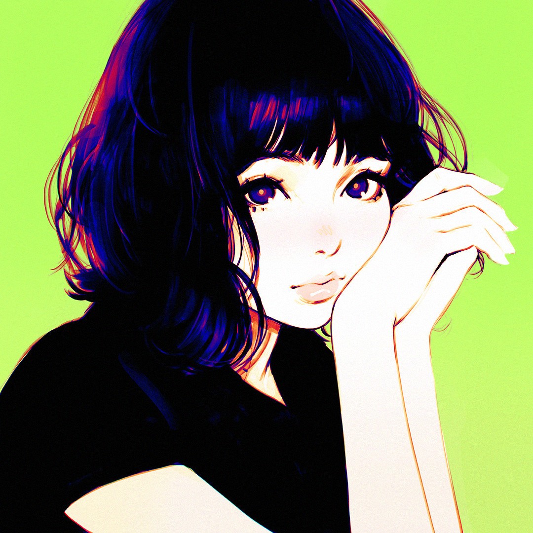 General 1080x1080 anime girls anime purple eyes dark hair portrait green background simple background looking at viewer women shoulder length hair