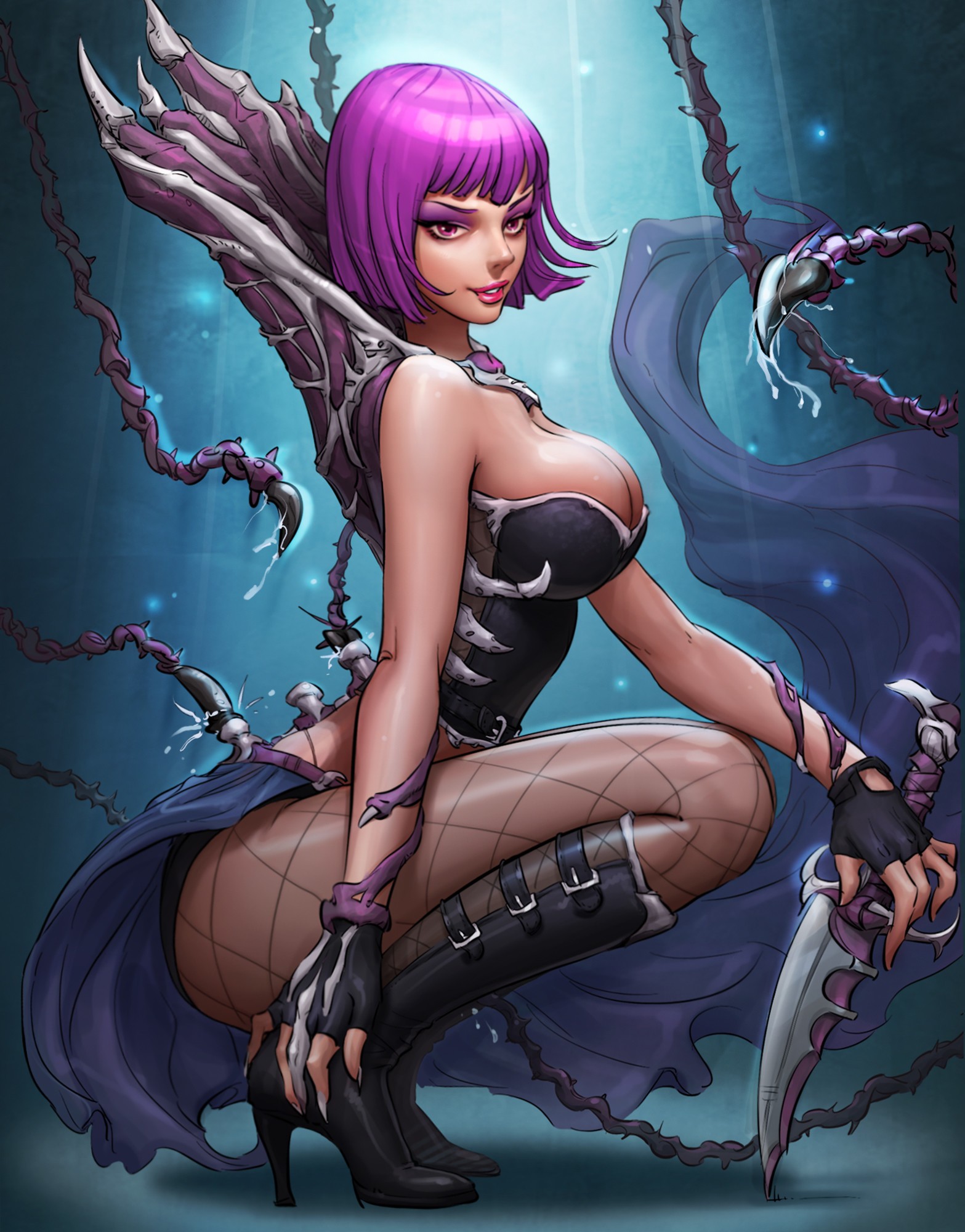 General 1567x2000 monster girl SpiritStones purple hair big boobs squatting boobs women fantasy art fantasy girl knife heels weapon