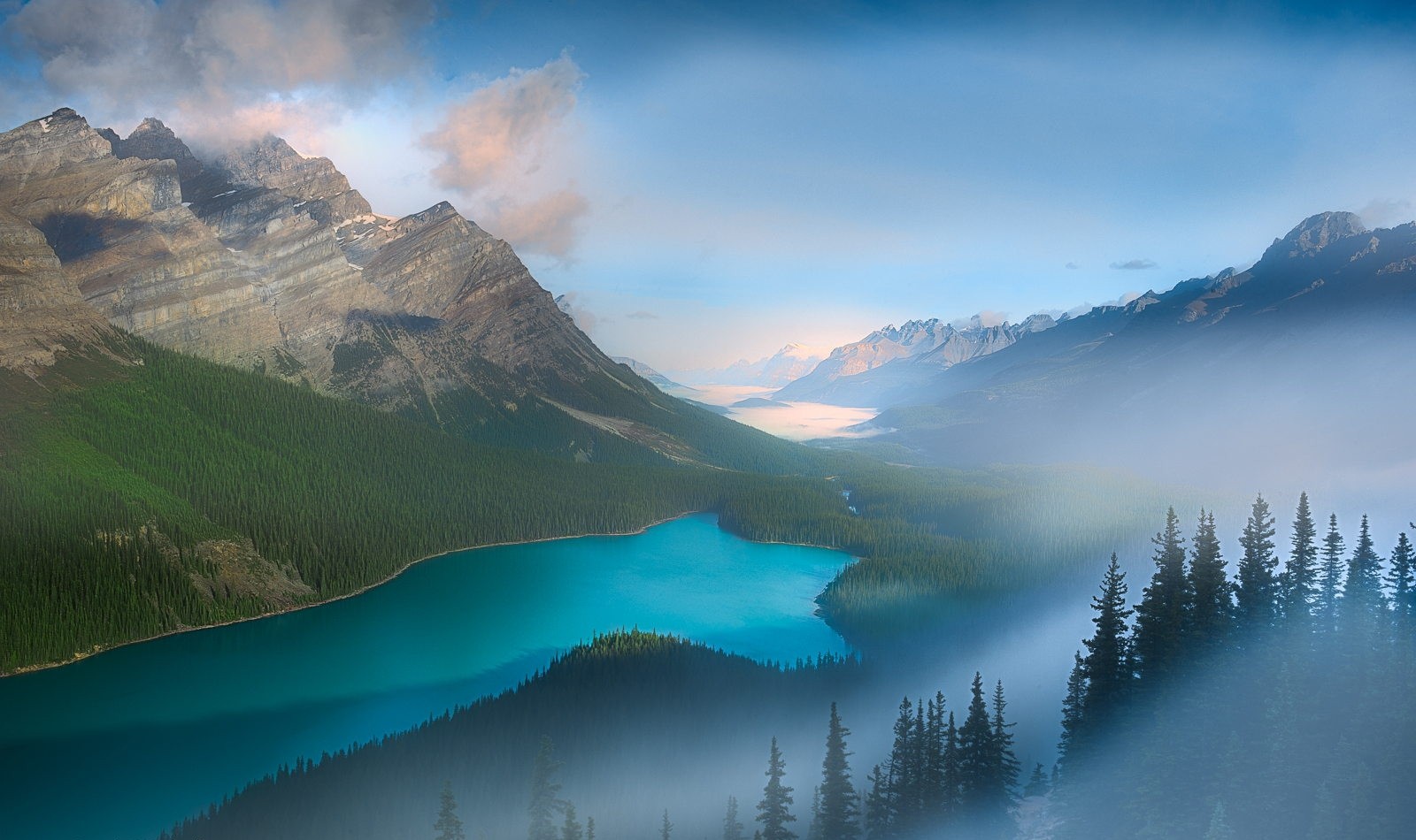 General 1600x950 nature photography landscape lake mountains forest mist turquoise water pine trees valley Banff National Park Canada Peyto Lake