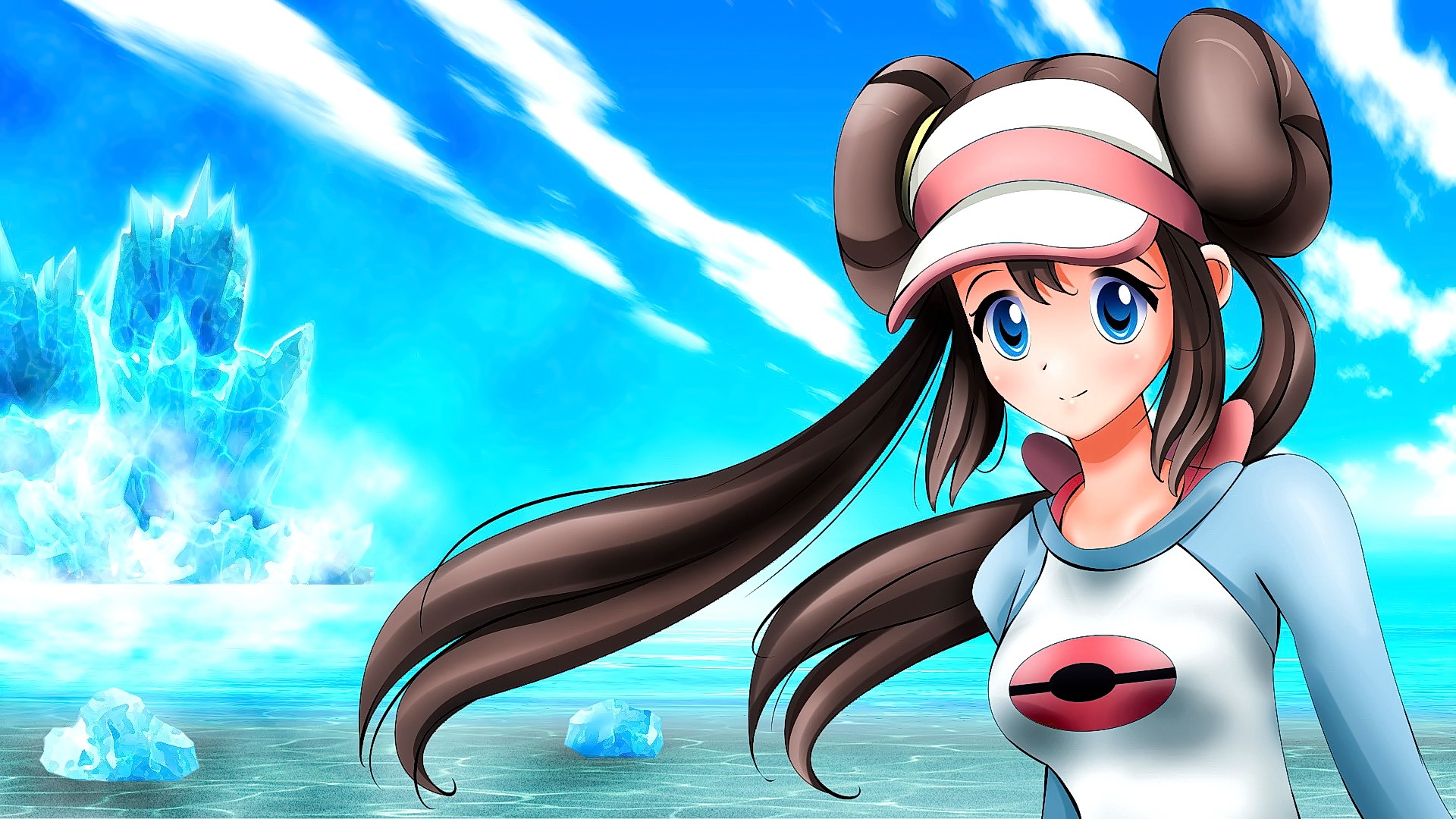 Anime 1920x1080 anime anime girls long hair brunette blue eyes sky clouds smiling looking at viewer Pokémon trainers cyan