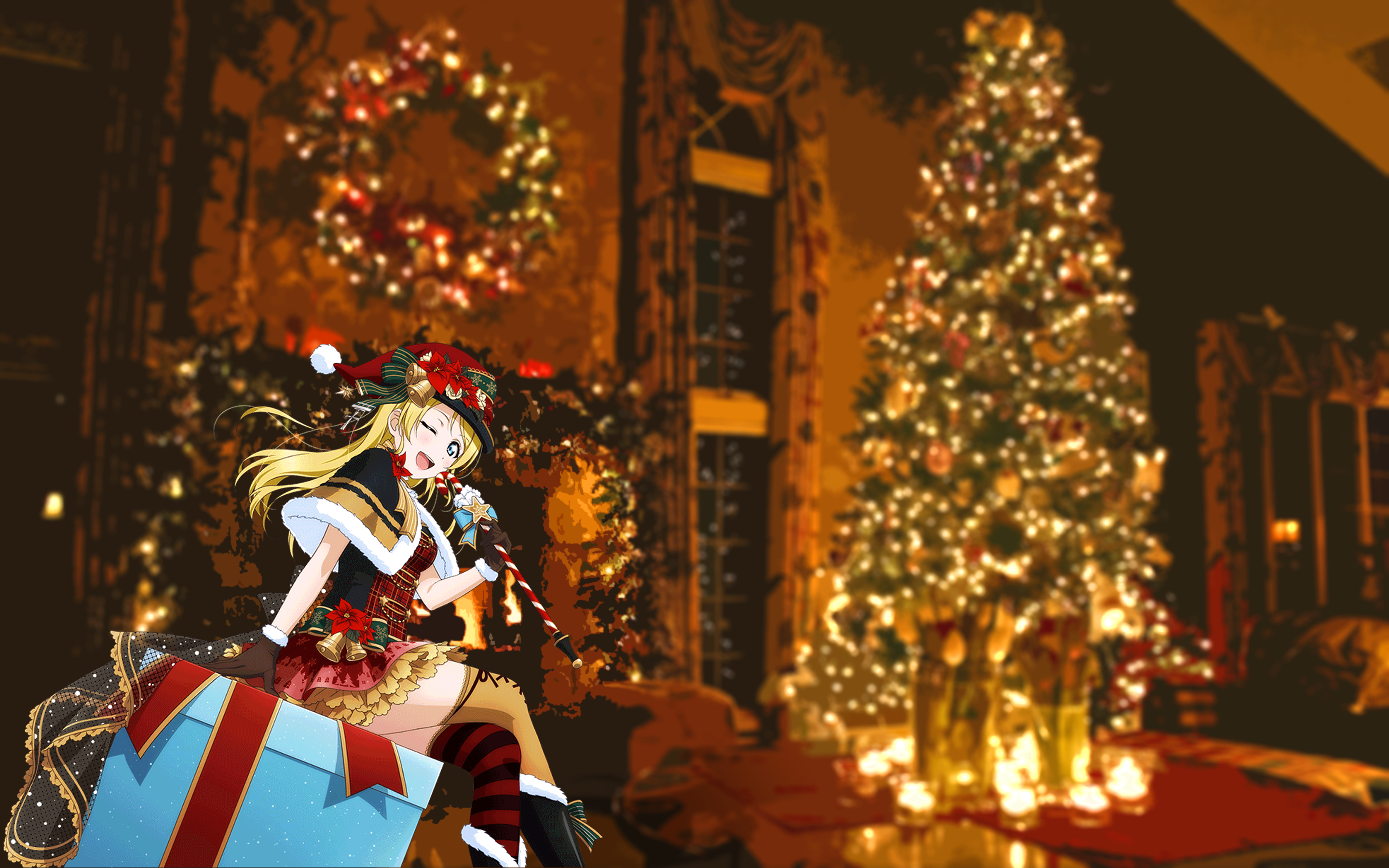 Anime 2880x1800 Love Live! Ayase Eli anime girls anime Christmas open mouth holiday hat one eye closed blonde long hair gloves legs crossed Candy Cane