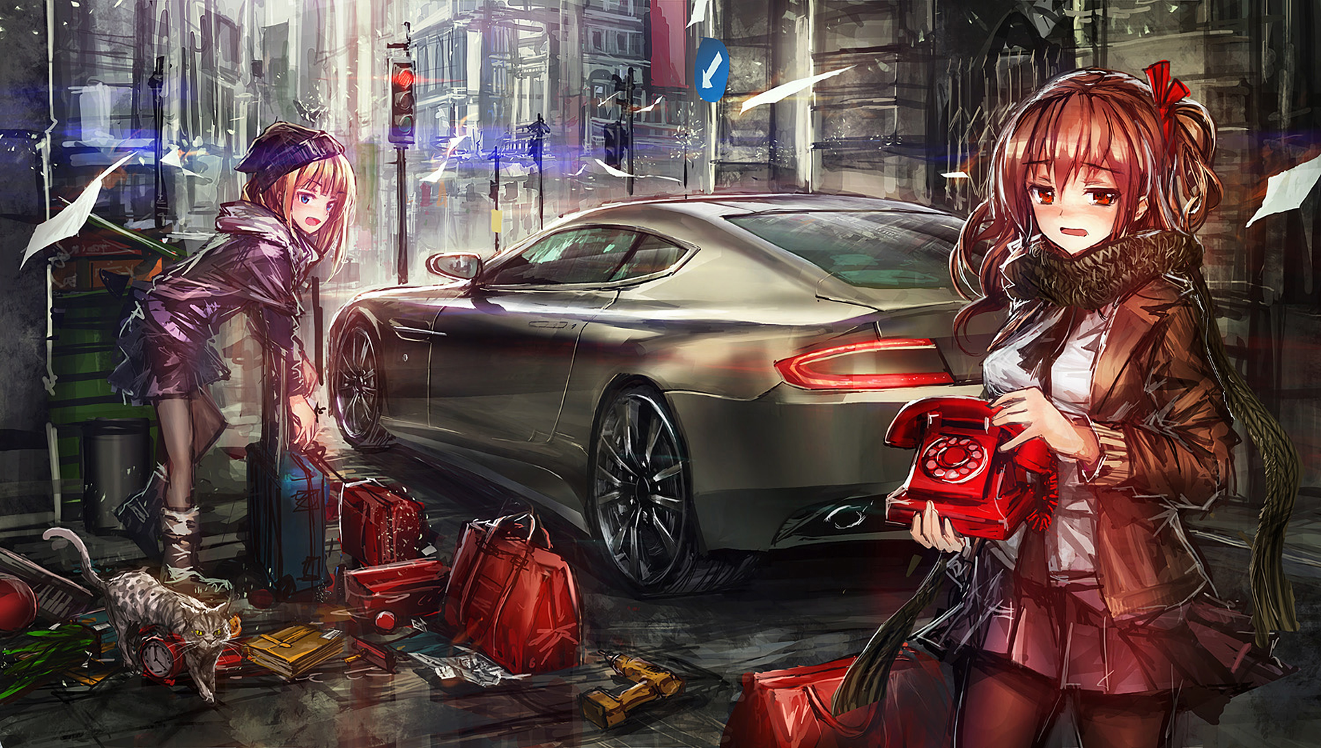 Anime 1920x1088 manga anime girls anime phone urban car vehicle red eyes city women outdoors cats _LM7_ two women women with cars original characters
