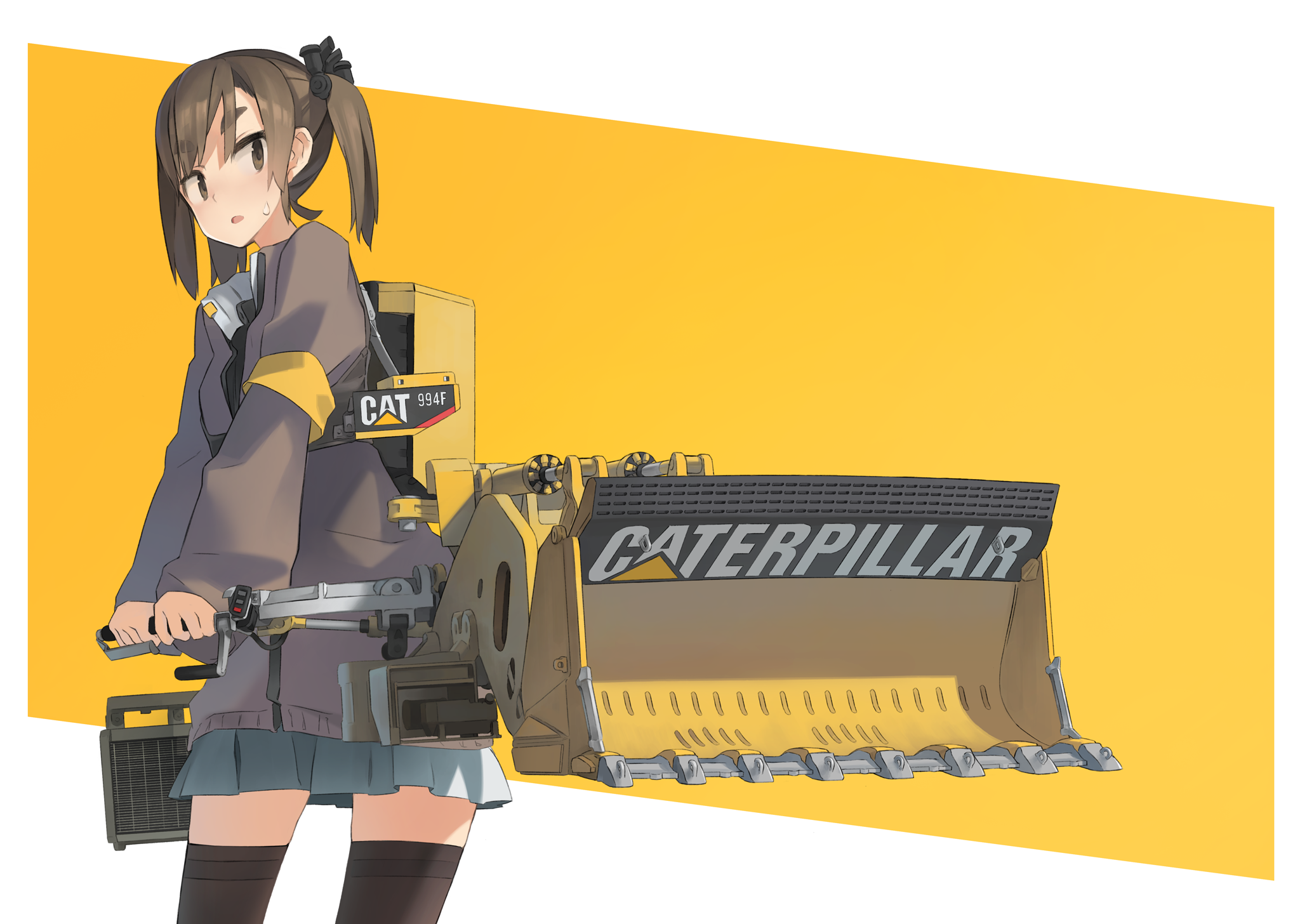 Anime 2048x1456 anime girls construction vehicles original characters heavy equipment Caterpillar (company) anime yellow background brunette skirt vehicle Pixiv