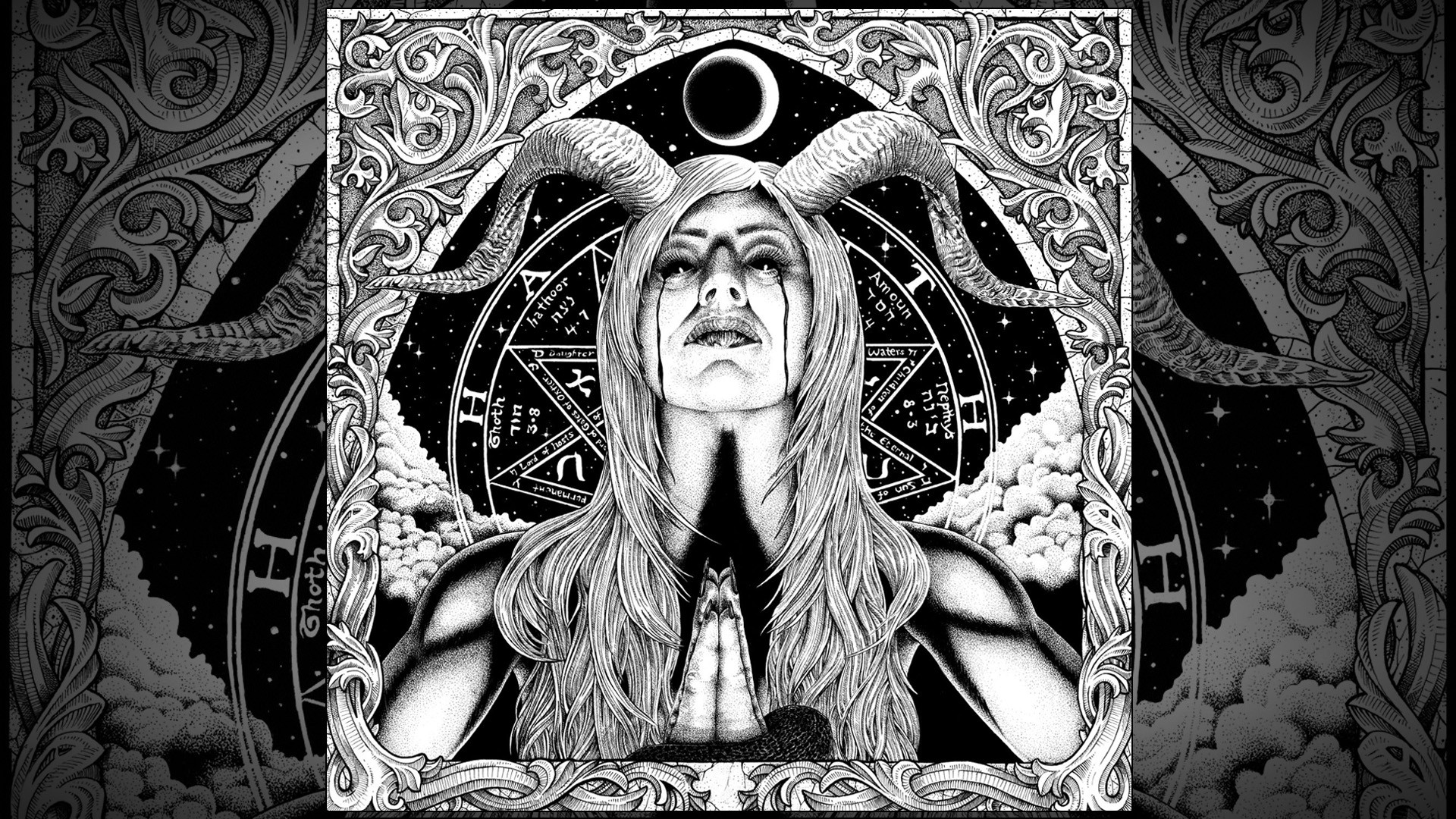 General 1920x1080 witch metal music fantasy art fantasy girl horns monochrome artwork women Bleeding Eyes long hair