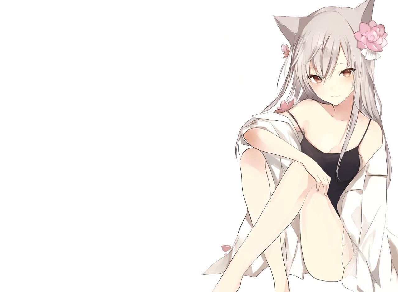 Anime 1280x938 original characters animal ears cat girl flowers brown eyes anime girls white background simple background long hair looking at viewer sitting flower in hair