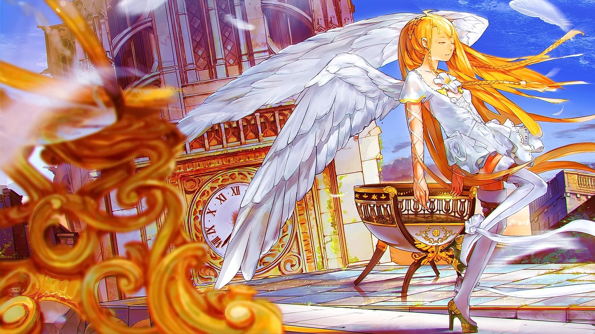 Anime 1920x1080 anime anime girls long hair closed eyes wings smiling fantasy art fantasy girl