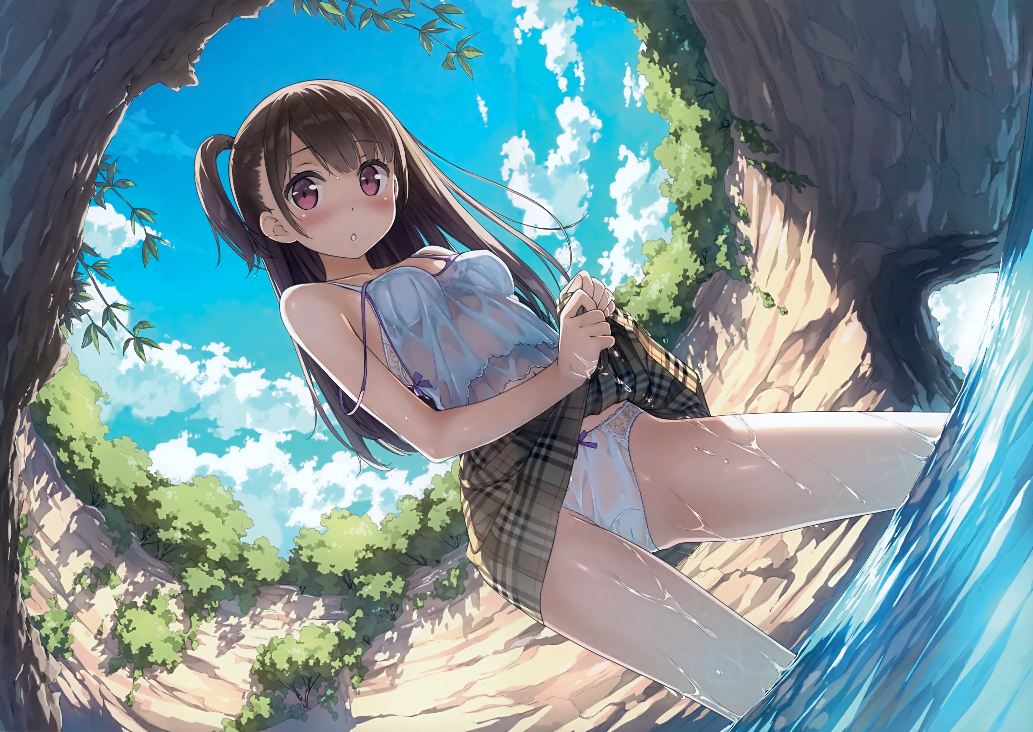 Anime 3500x2481 anime anime girls bra wet long hair Afterschool of the 5th year Kantoku wet clothing original characters in water water women outdoors wet body looking at viewer lifting skirt skirt brunette plaid skirt low-angle looking below standing in water