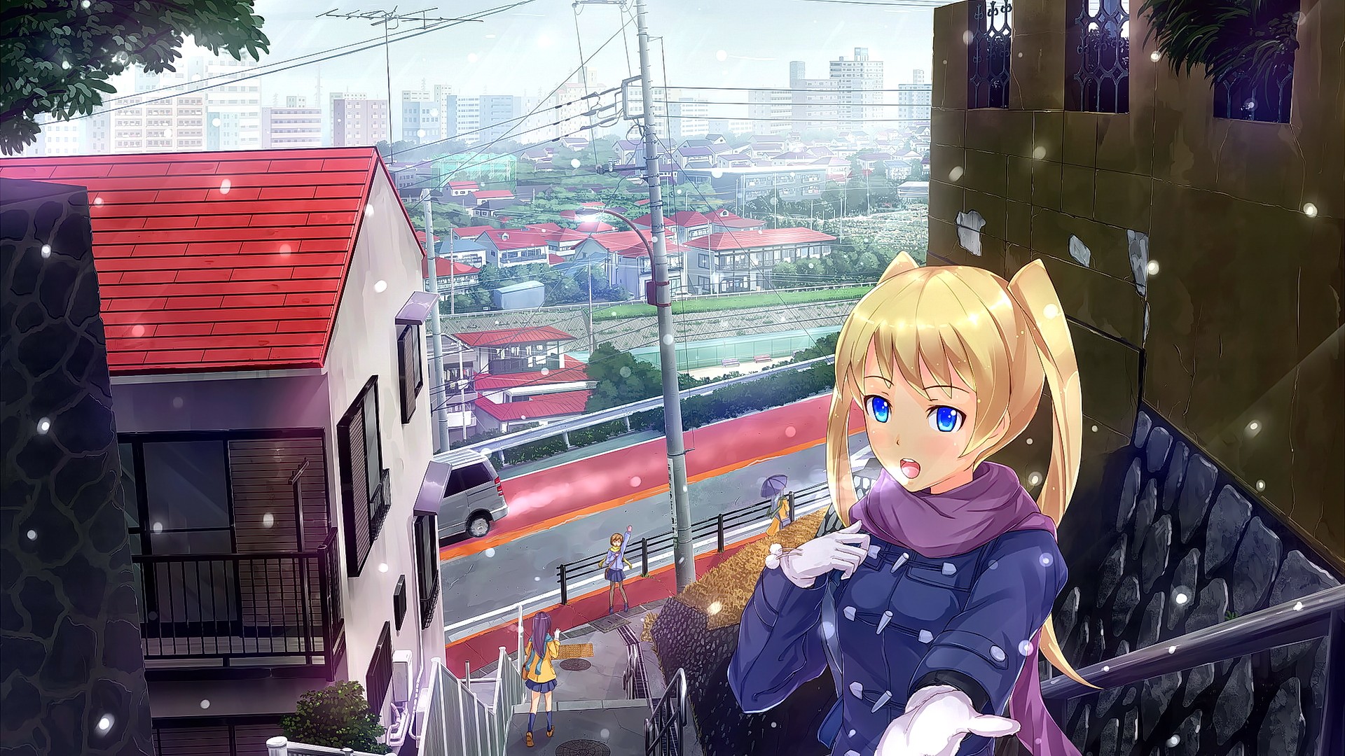 Anime 1920x1080 anime anime girls blonde short hair blue eyes open mouth looking at viewer original characters urban women outdoors power lines house cold outdoors