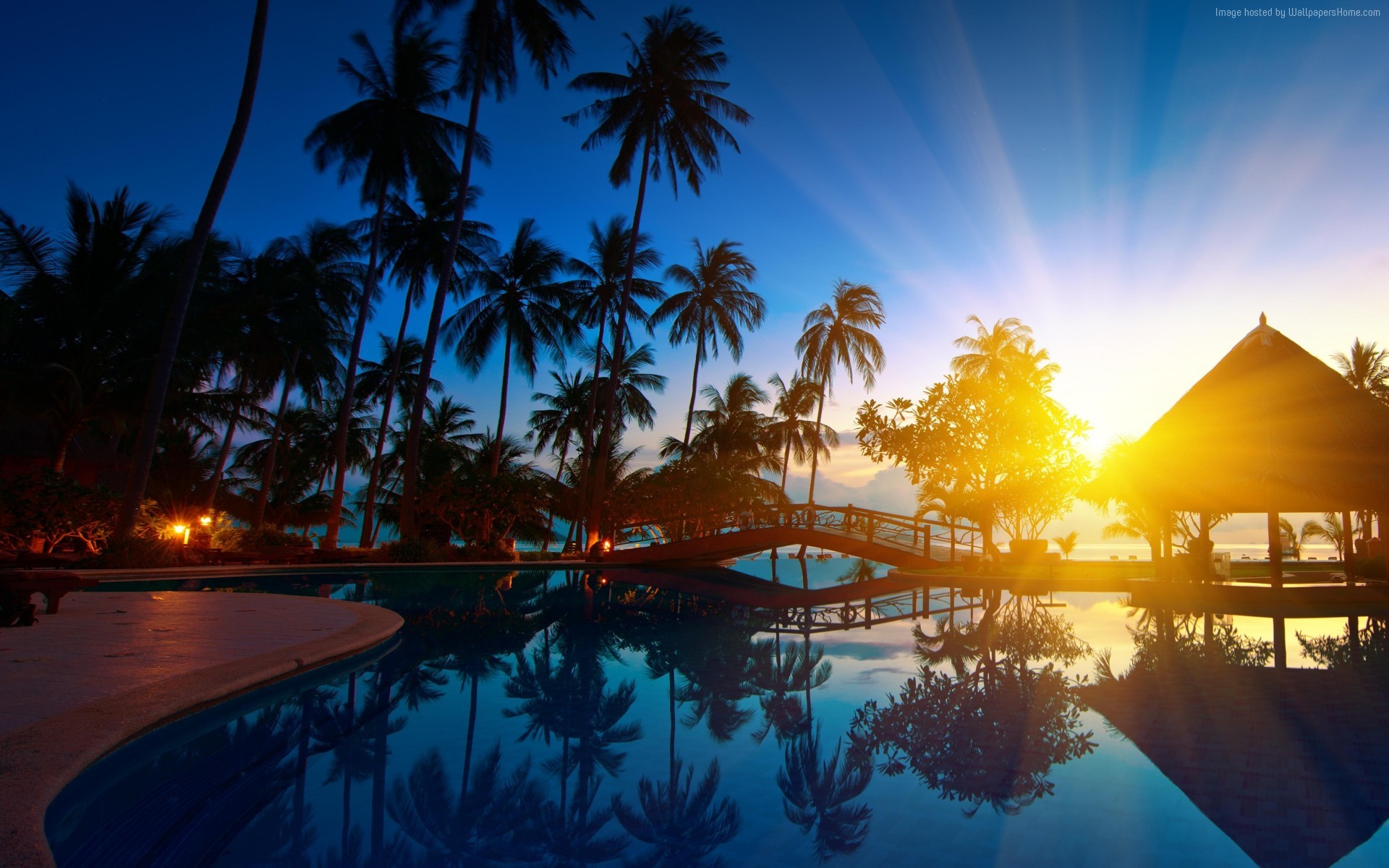 General 1920x1200 Thailand swimming pool resort palm trees sun rays Asia