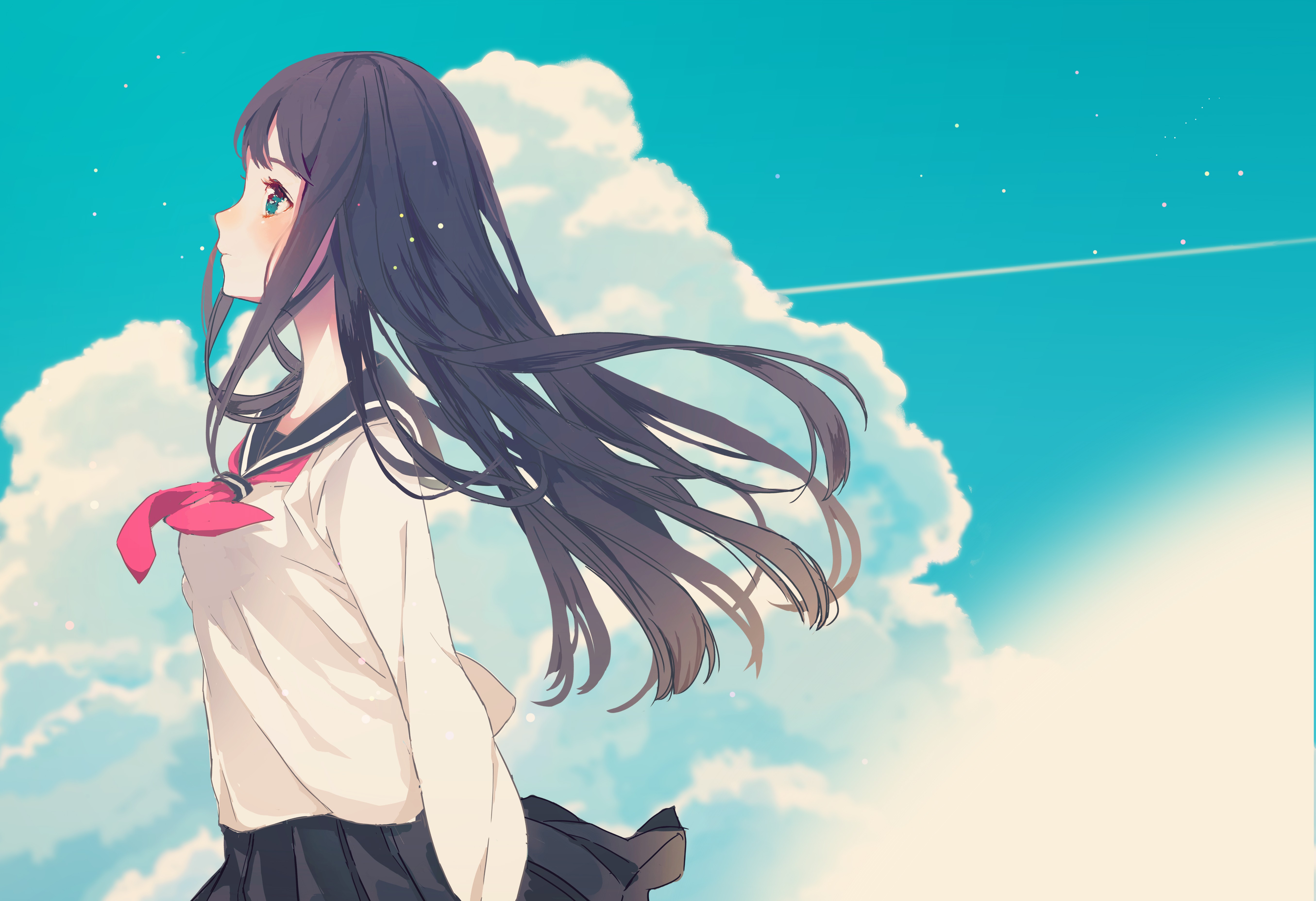 Anime 5420x3710 anime anime girls long hair uniform school uniform looking away brunette original characters Toto Pixiv sky clouds