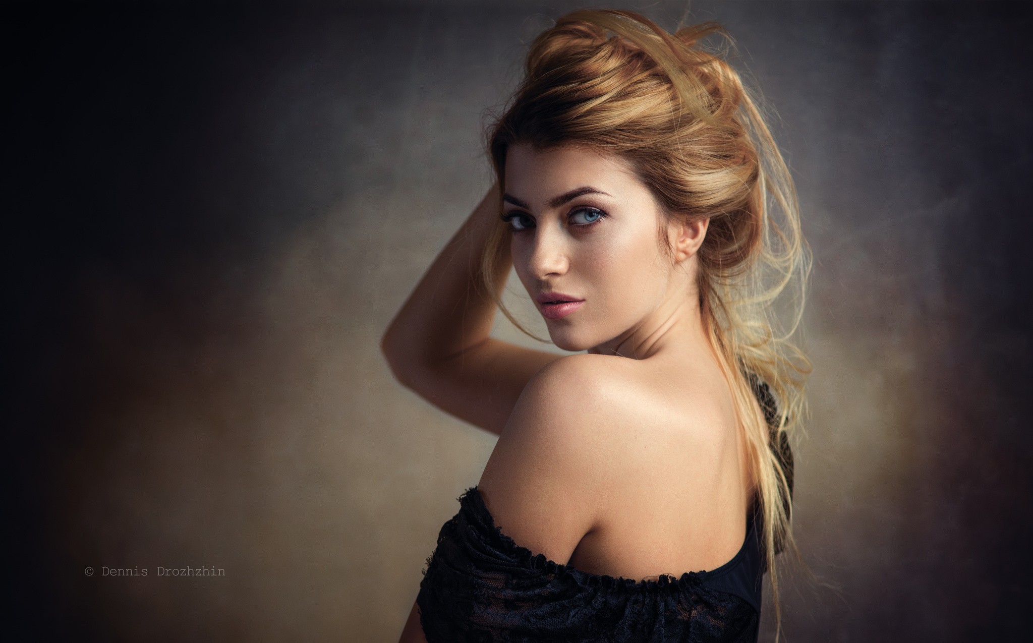 People 2048x1275 women blonde portrait bare shoulders hand(s) on head face simple background blue eyes Dennis Drozhzhin Anna 500px women indoors indoors studio looking at viewer makeup long hair