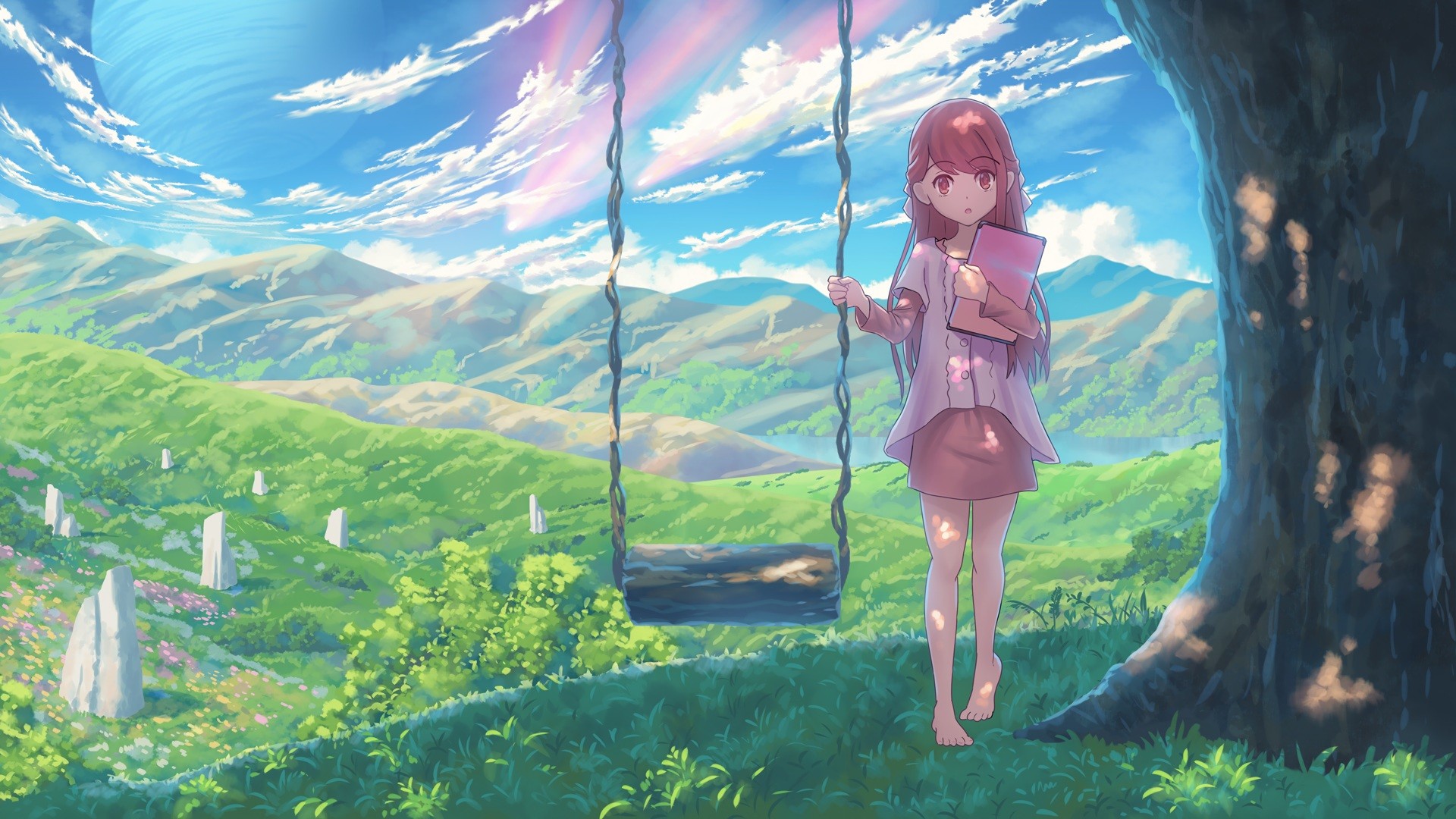 Anime 1920x1080 clouds dress barefoot redhead trees swings Rin (Shelter) tablet  mountains Shelter (anime music video)