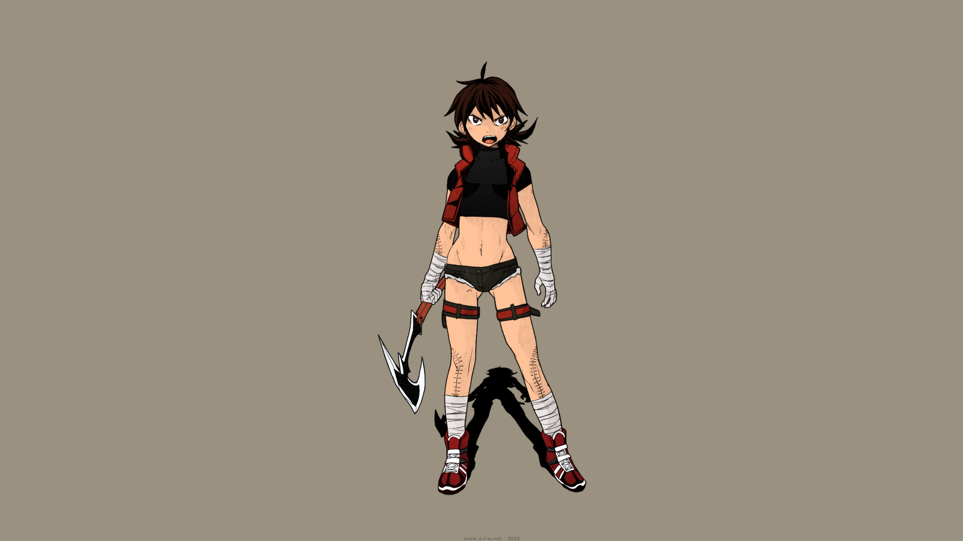 Anime 1920x1080 Trash. D.P Shirato Marin short hair brunette short pants tomboys scars bandages weapon axes anime manga anime girls short shorts belly women angry pants slim body open mouth girls with guns standing