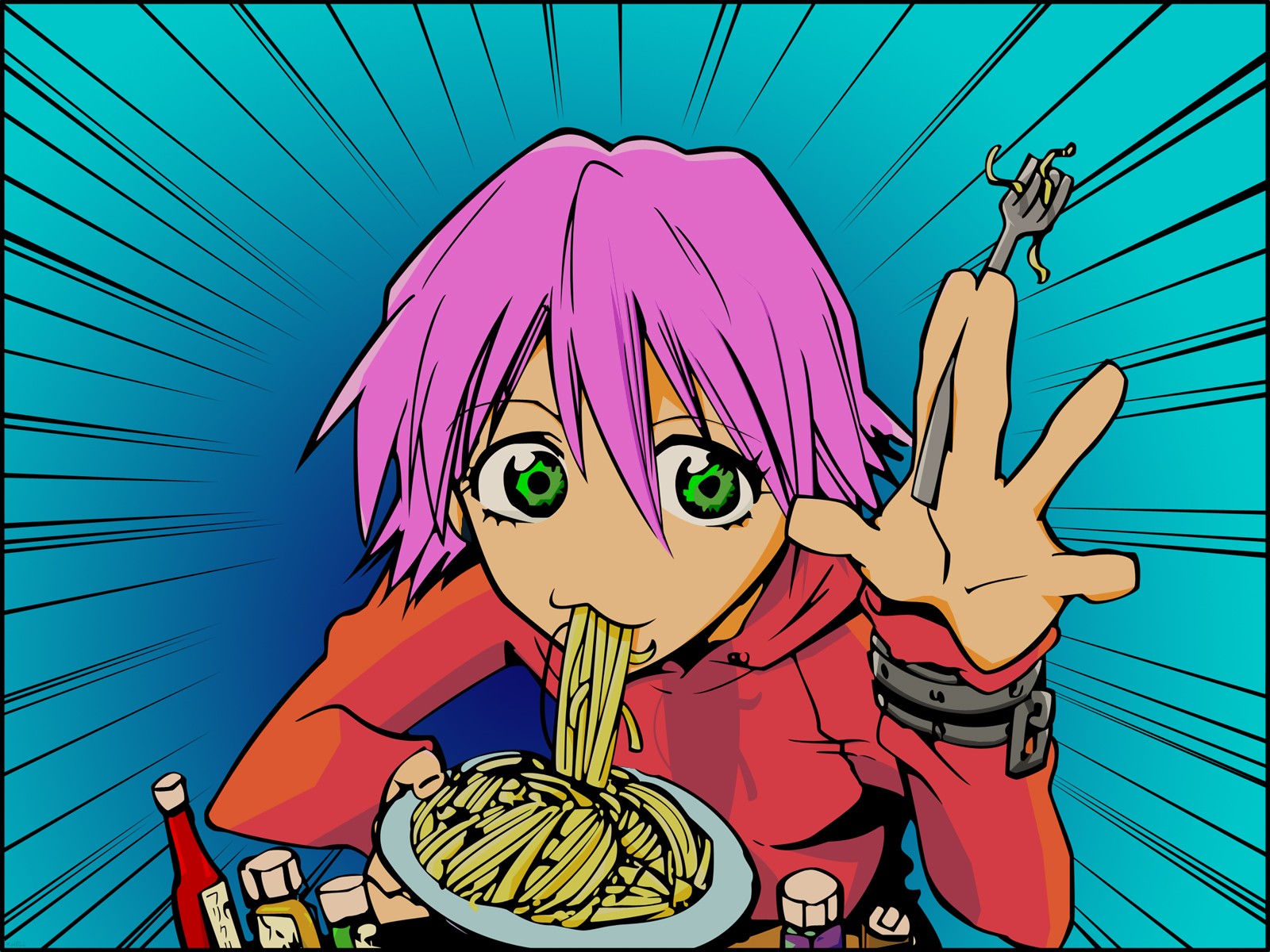 Anime 1600x1200 anime FLCL noodles food pink hair green eyes fork