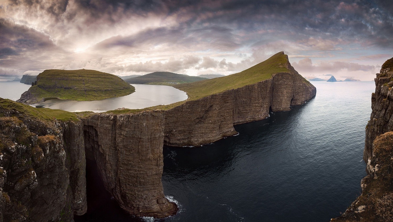 General 1500x850 nature photography landscape cliff sea mountains island clouds sunset Faroe Islands Denmark
