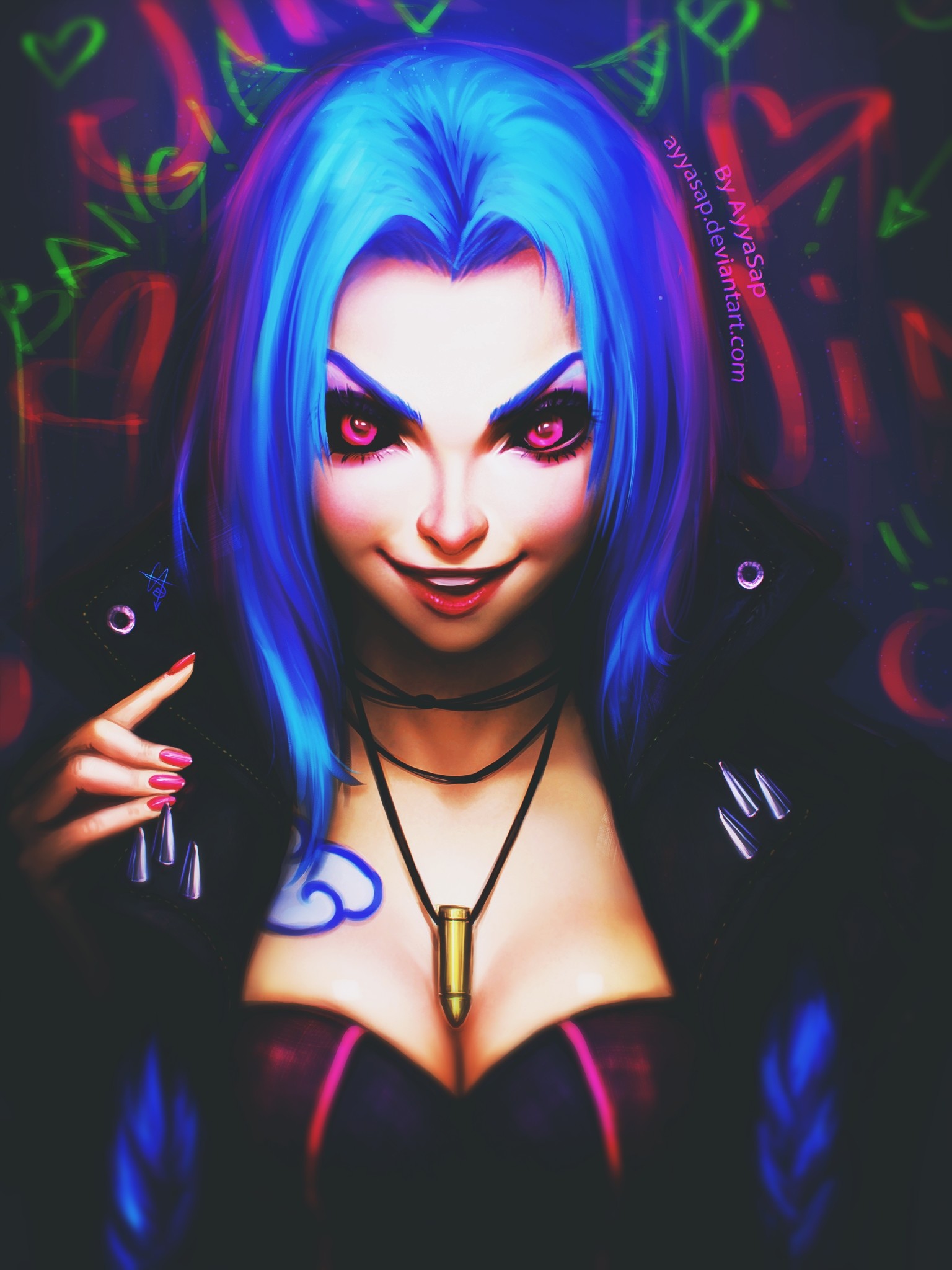 Anime 1536x2048 artwork fan art Jinx (League of Legends) red eyes video game characters DeviantArt boobs cleavage blue hair pink eyes smiling looking at viewer PC gaming video game art video game girls