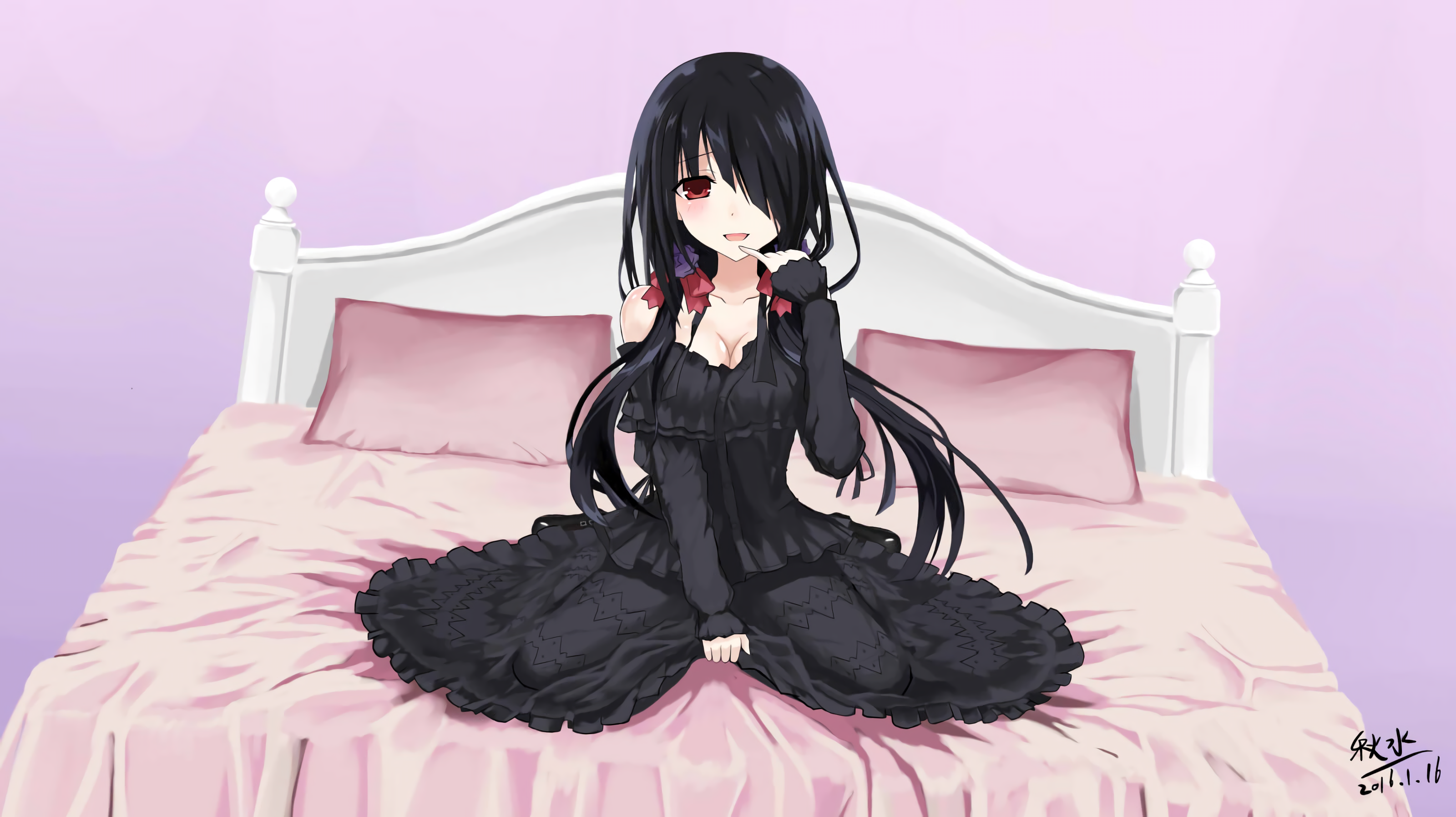 Anime 3200x1796 anime anime girls Date A Live Tokisaki Kurumi long hair black hair bed dress