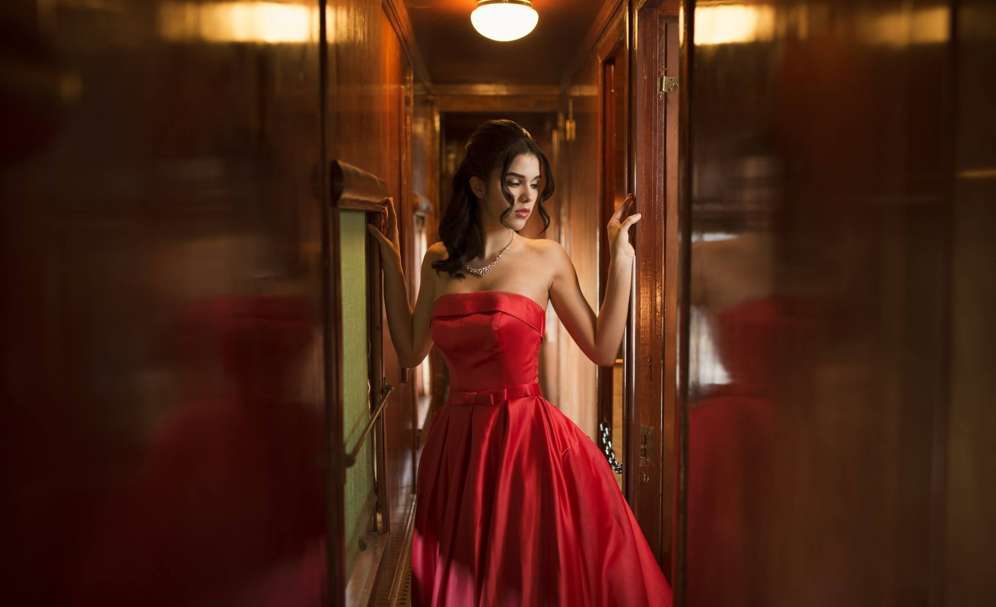 People 2048x1248 Kyle Cong dress red dress bare shoulders 500px women model strapless dress necklace satin