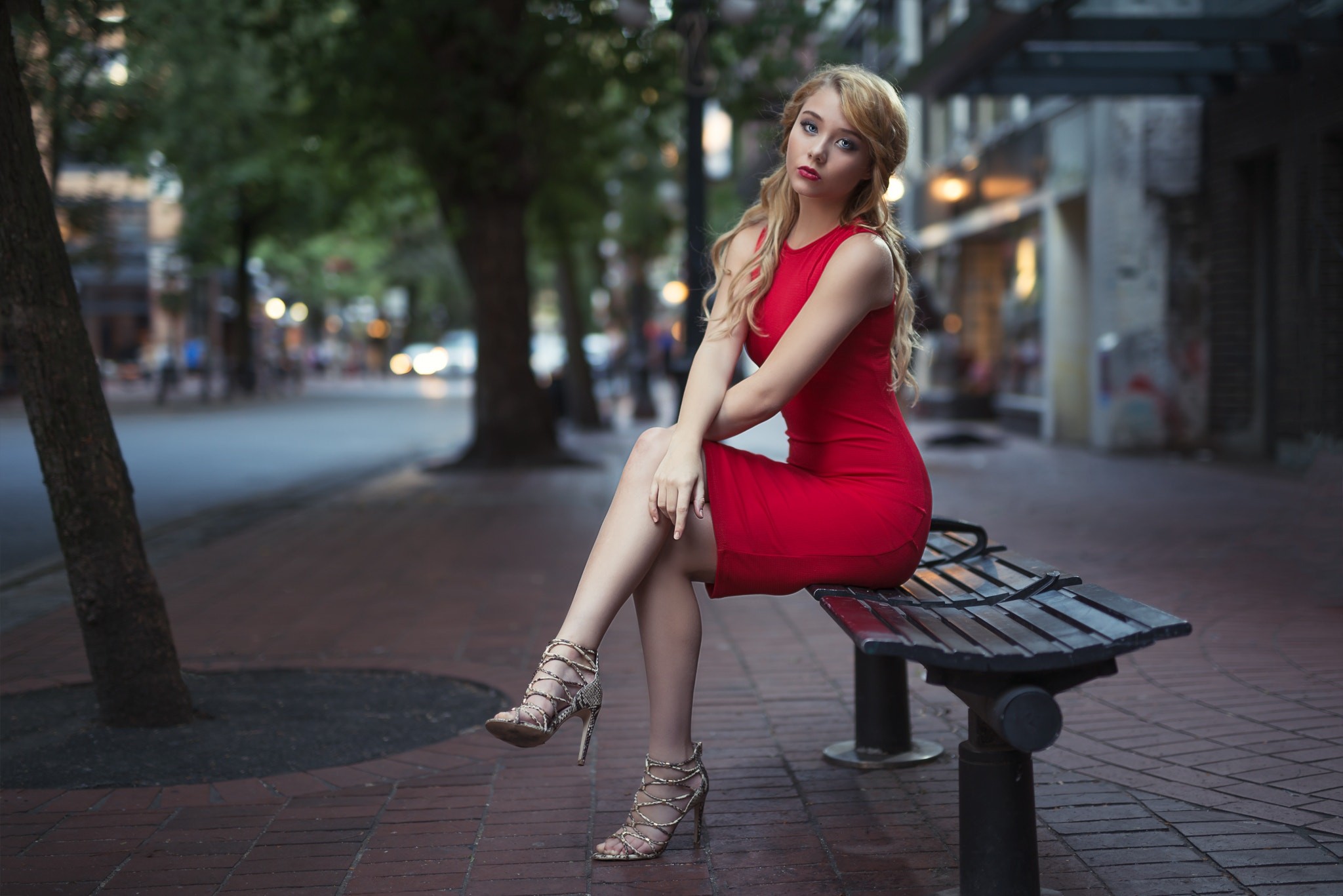 People 2048x1367 women outdoors urban legs bench city blonde dress red dress sitting Kyle Cong women model 500px high heels feet Madison (model)