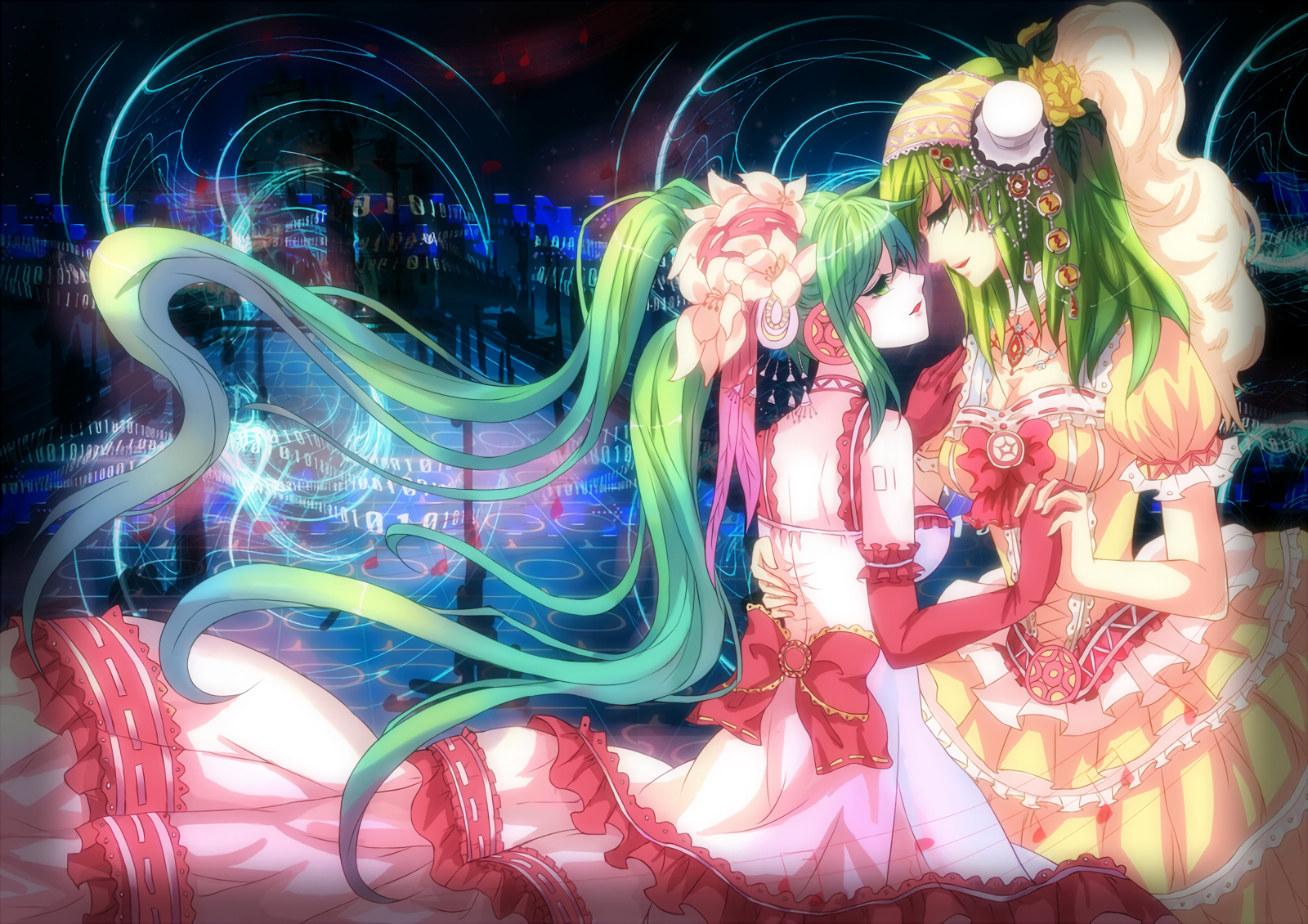 Anime 1600x1130 Vocaloid Megpoid Gumi green hair Hatsune Miku twintails anime anime girls two women holding hands long hair women